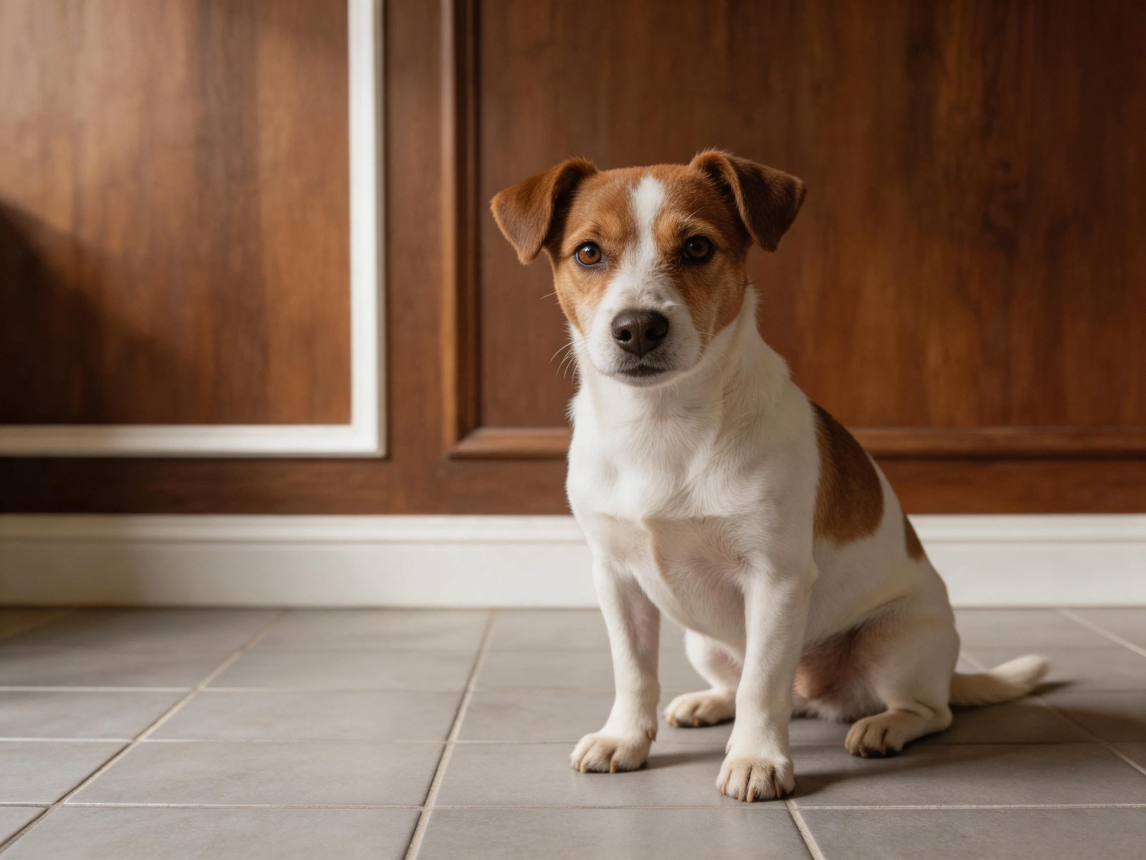 A small brown-and-white dog sits calmly on a tiled floor beside a wooden wall.