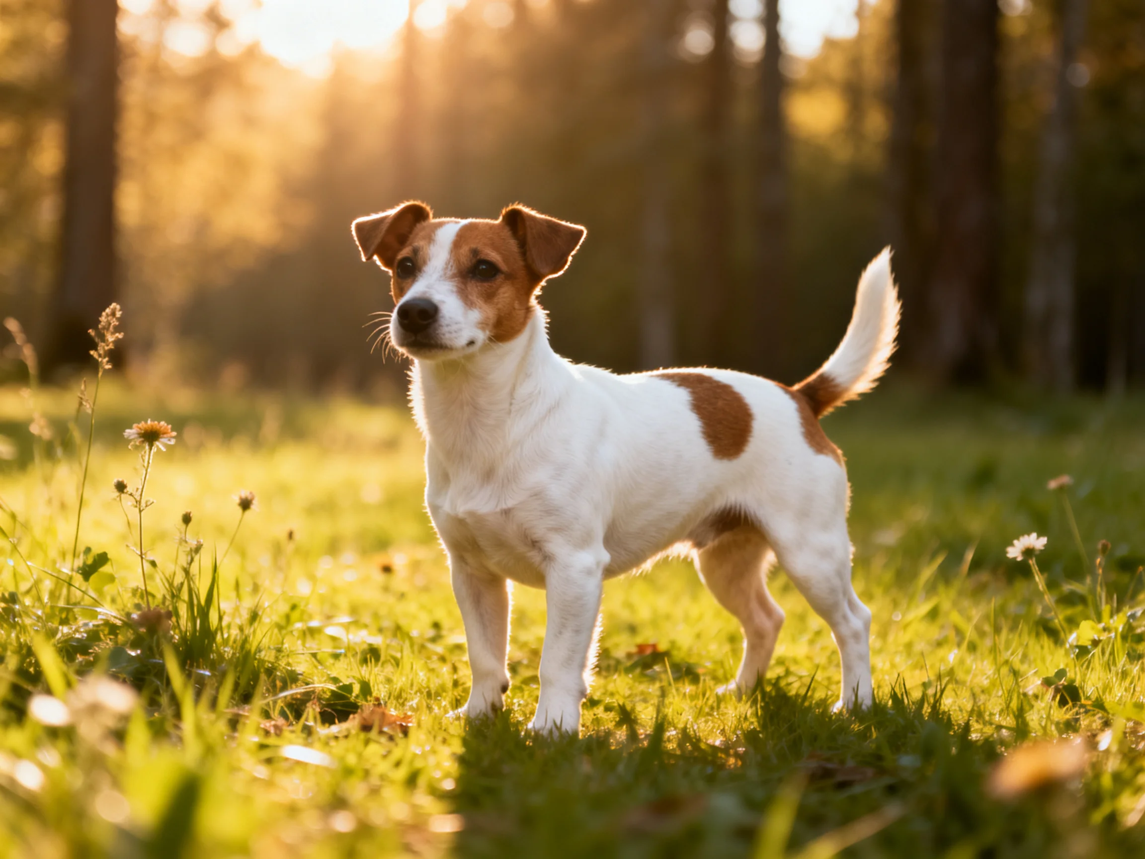 A small brown-and-white dog stands in a sunlit forest clearing surrounded by tall grass.