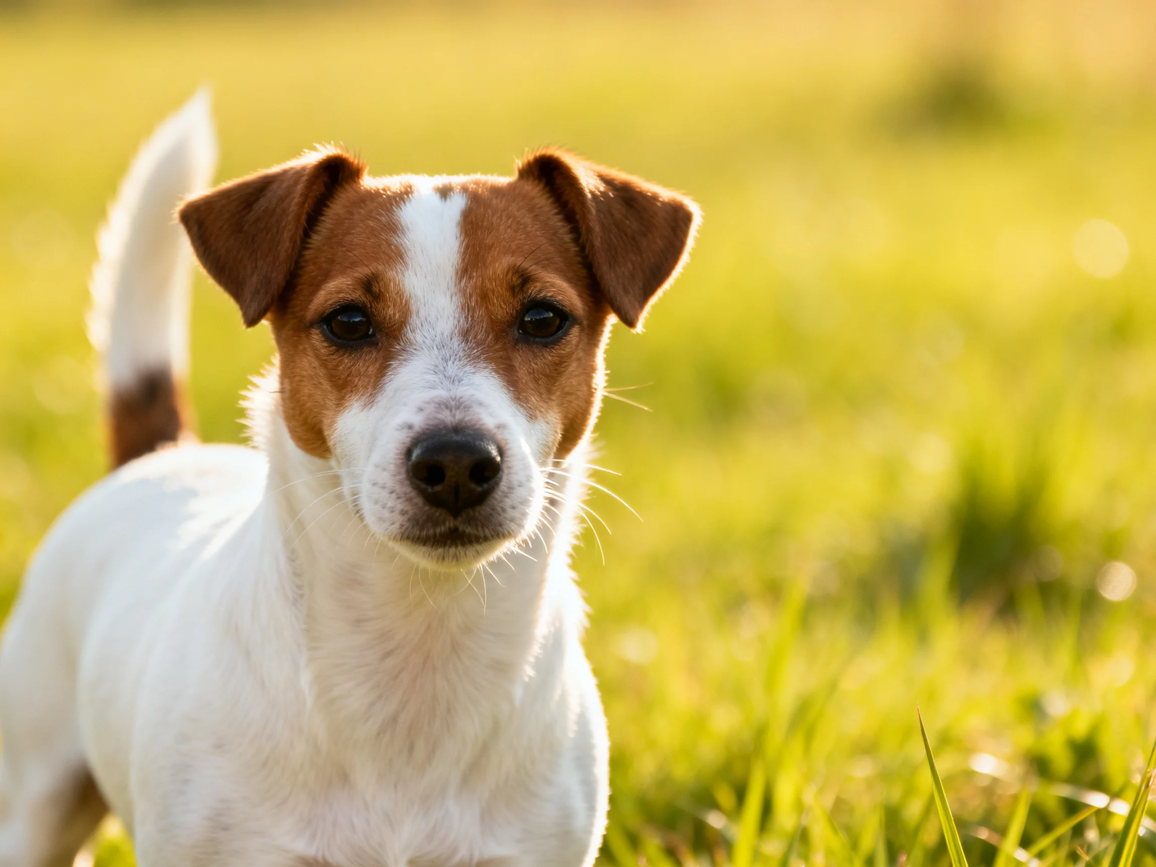 A small brown-and-white dog stands alert in a sunlit grassy area.