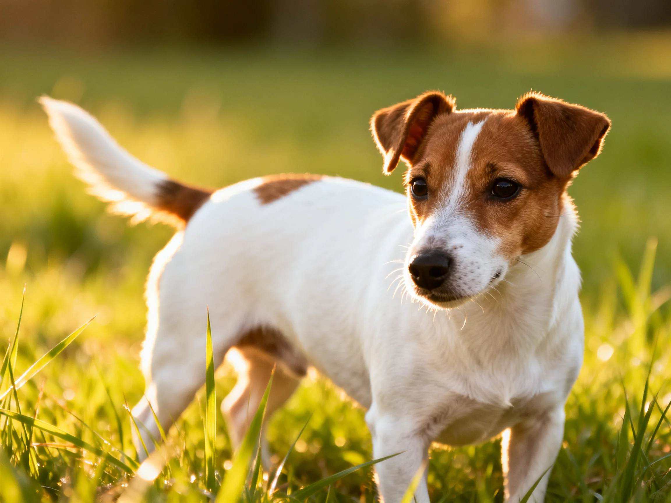 A small brown-and-white dog stands in sunlit grass.