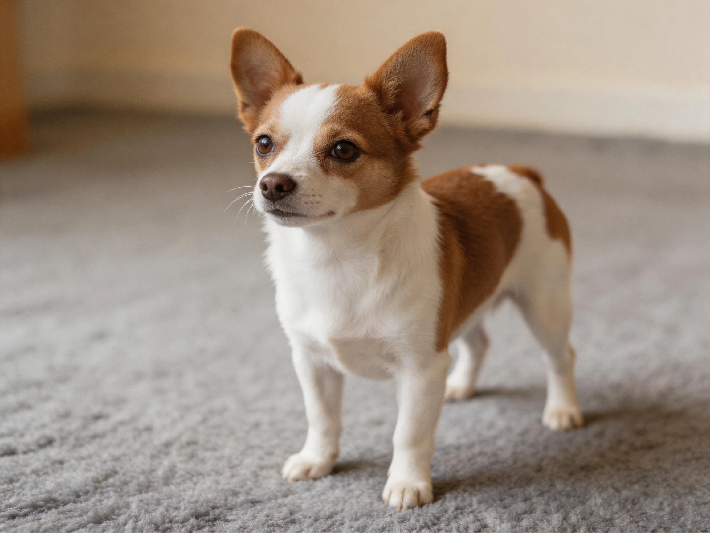 A small brown and white dog stands on a gray carpet.