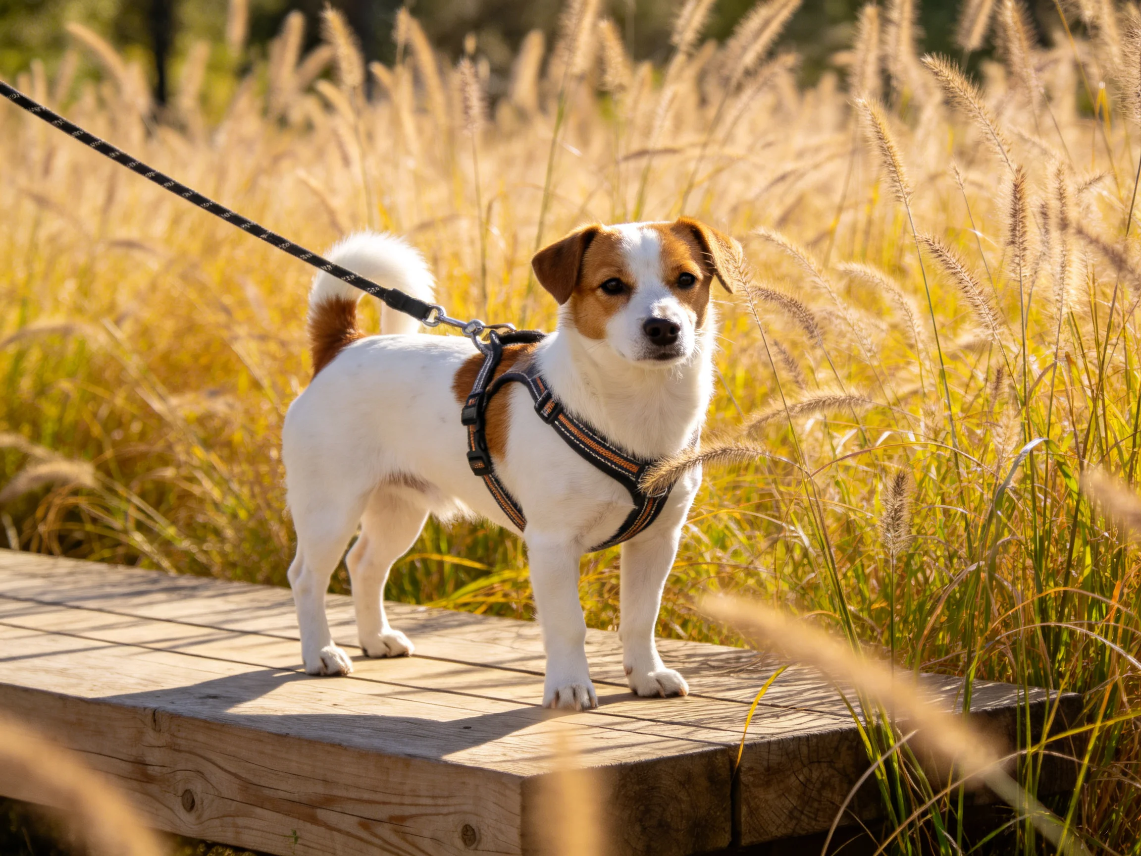 A small brown-and-white dog stands on a wooden boardwalk among tall golden grass.