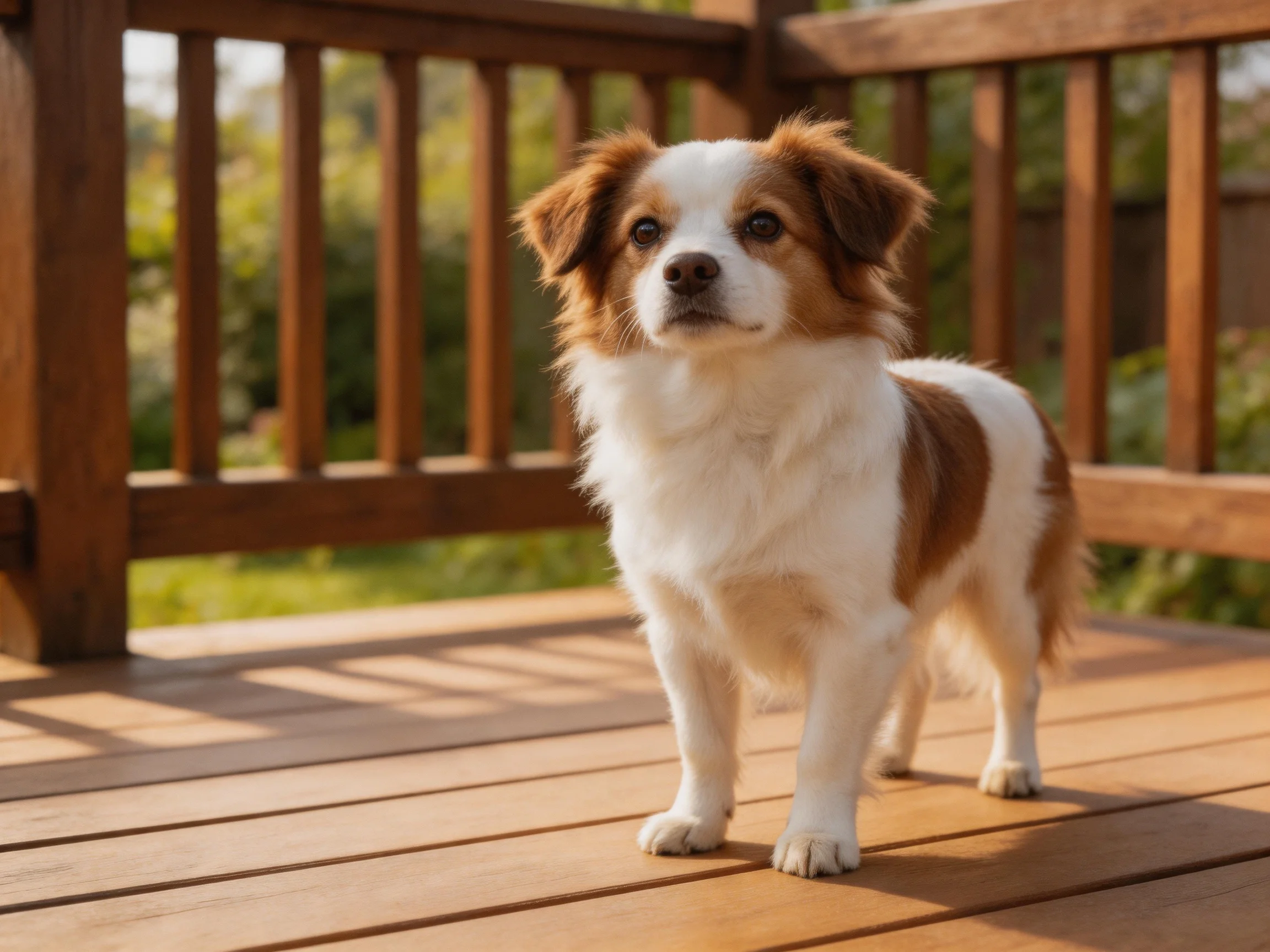 A small brown and white dog stands on a wooden deck outdoors.