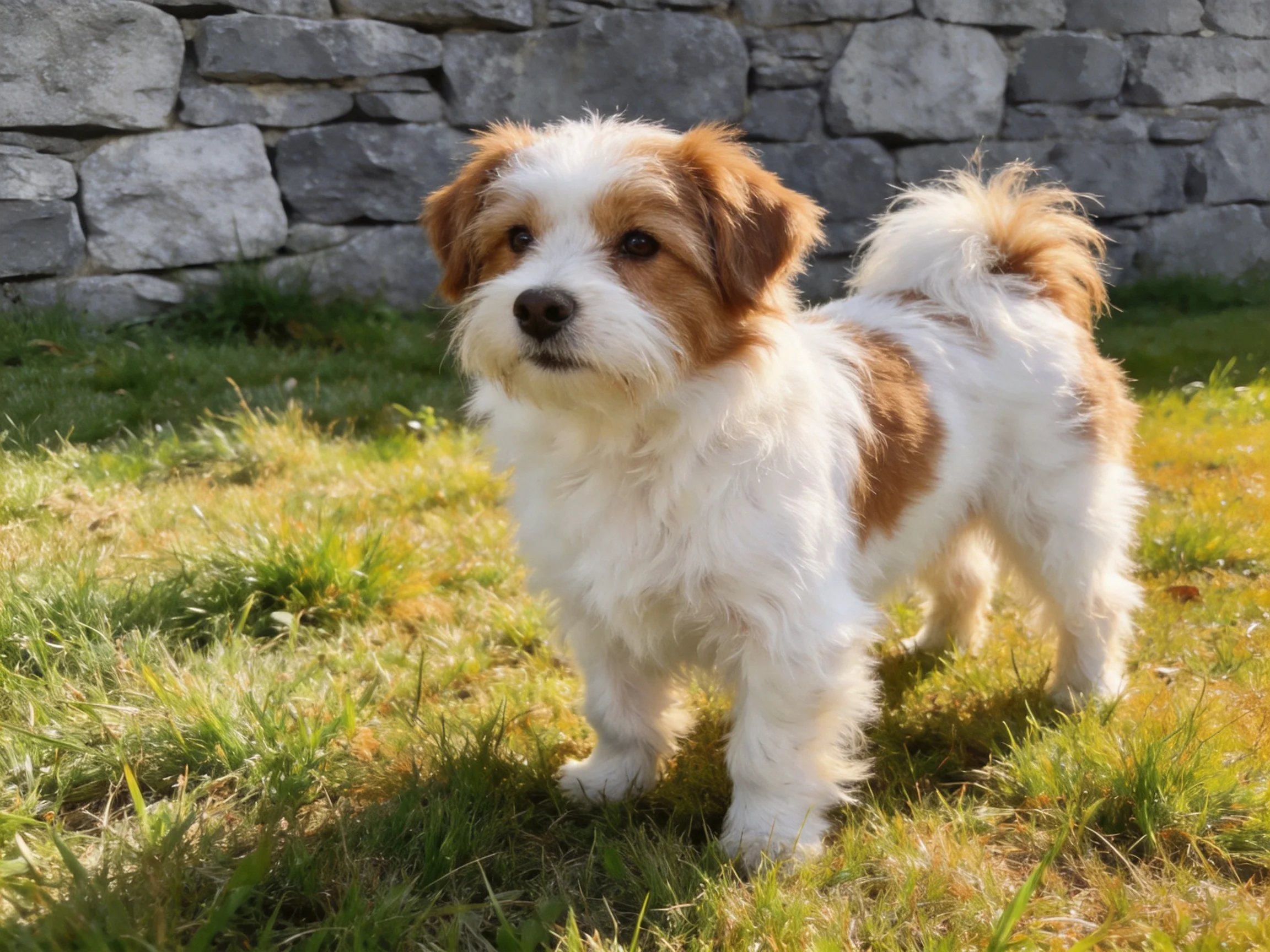 A small brown-and-white dog stands on grass in front of a stone wall.