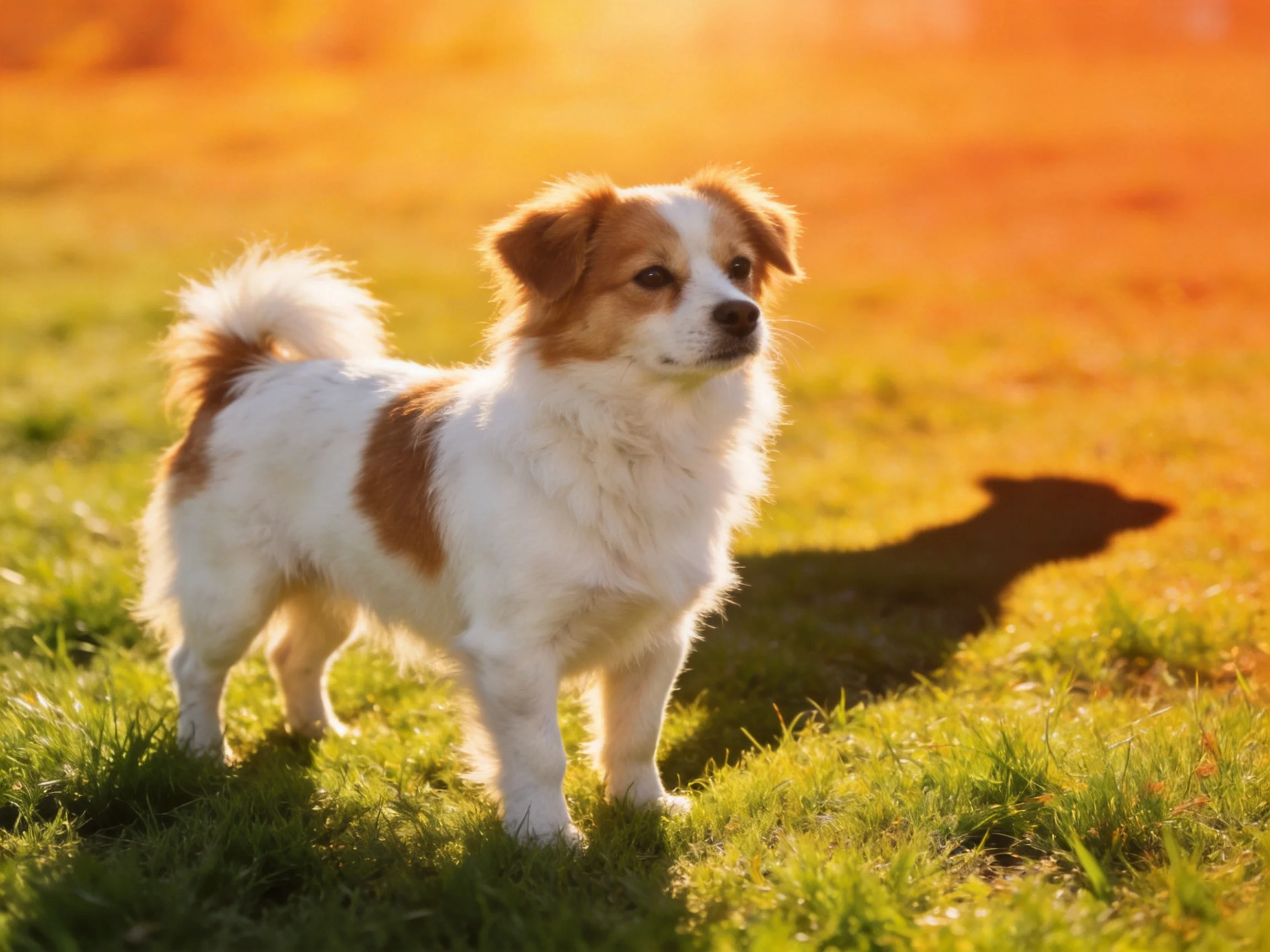 A small brown-and-white dog stands on sunlit green grass in a sunny field.