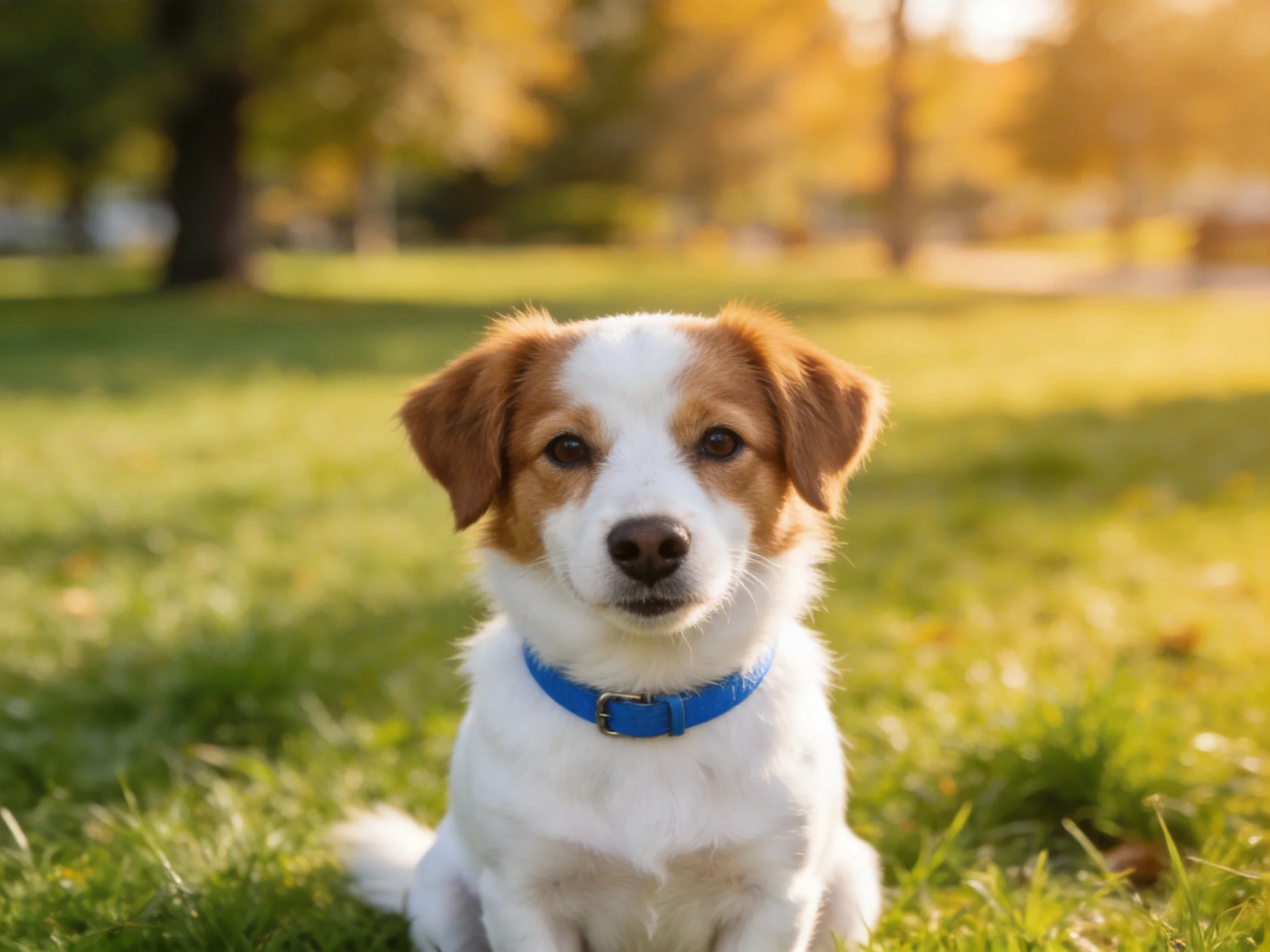 A small brown-and-white dog with a blue collar sits calmly on grass in a sunlit park.
