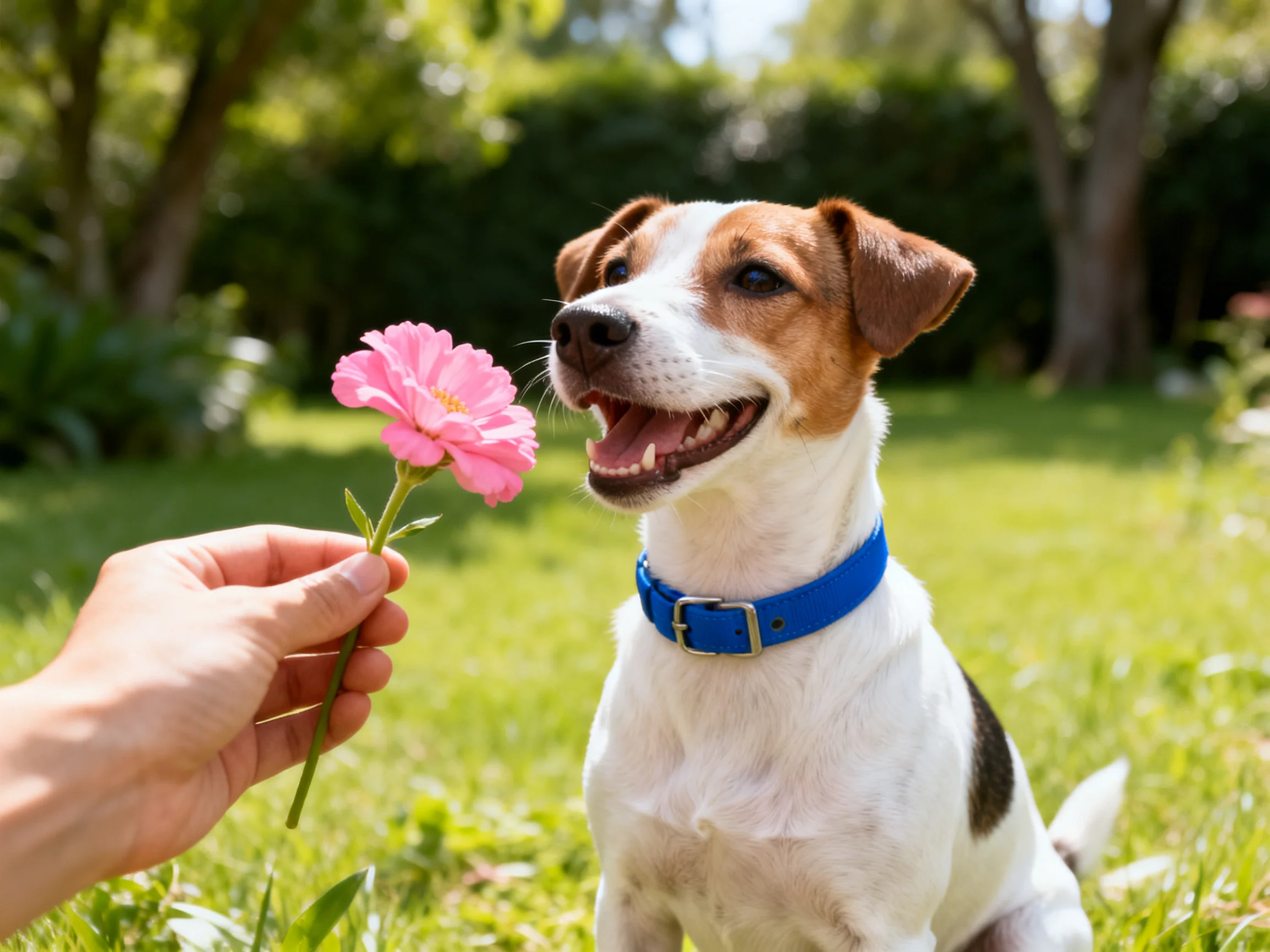 A small dog with a blue collar sniffs a pink flower in a sunlit garden.