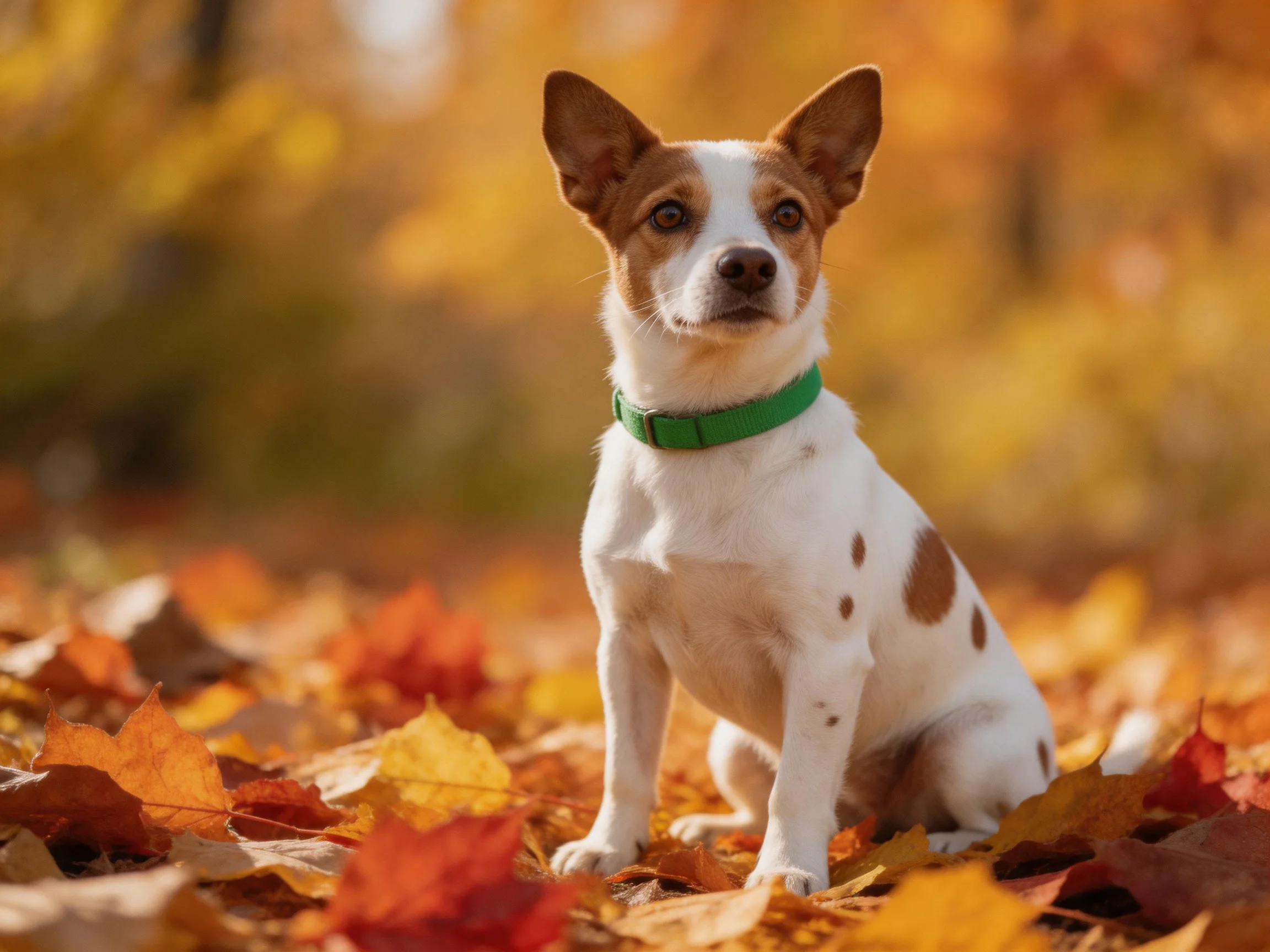 A small dog with a green collar sits among colorful autumn leaves.