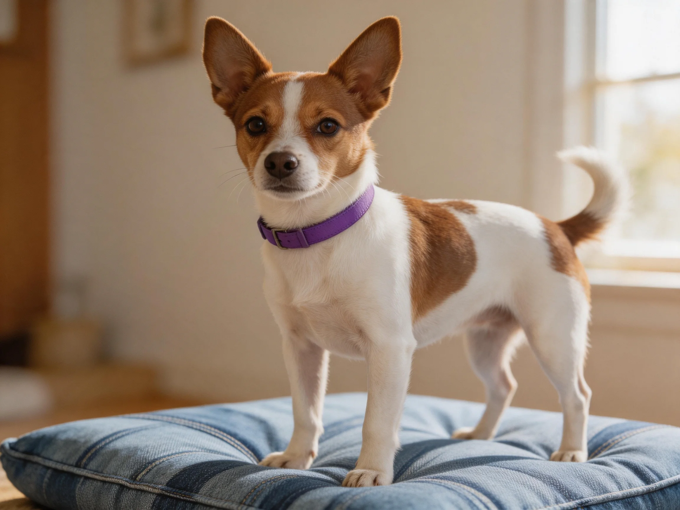 A small brown and white dog stands on a blue cushion in a bright room.