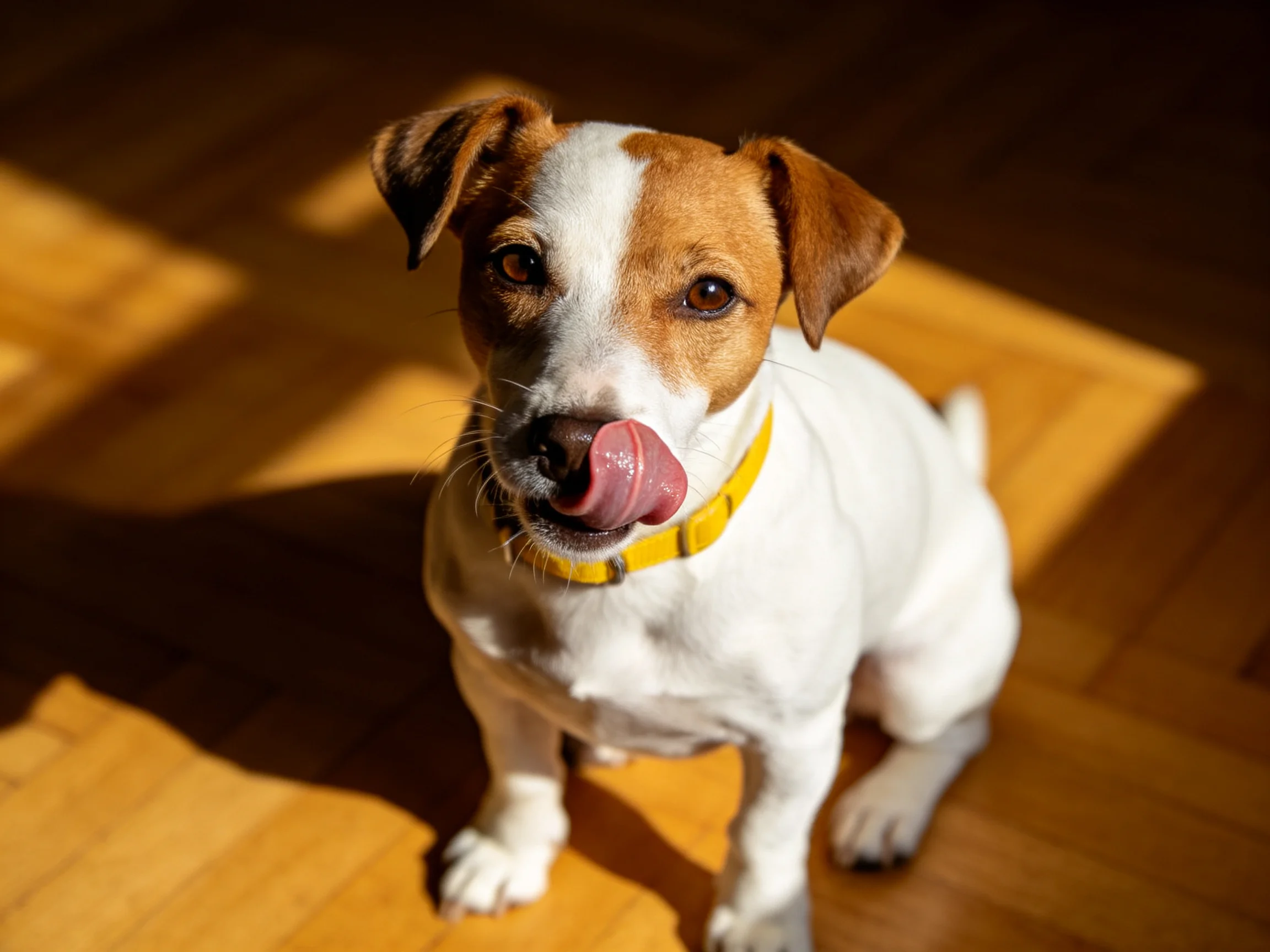 A small brown-and-white dog licks its nose while sitting on a wooden floor.