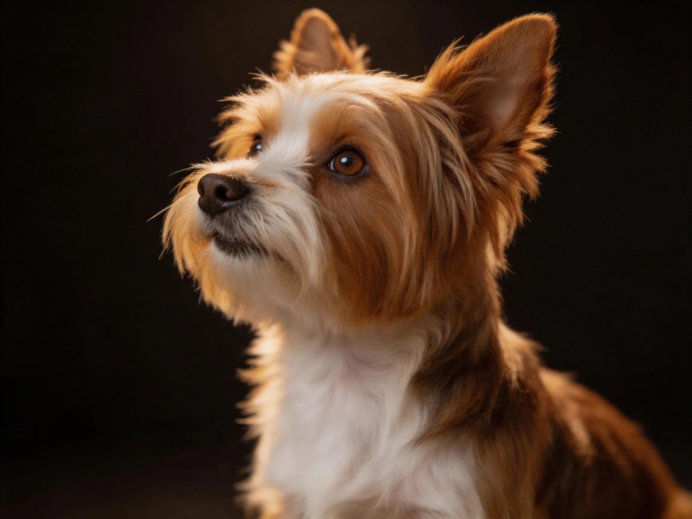 A small brown-and-white dog looks upward against a dark backdrop.