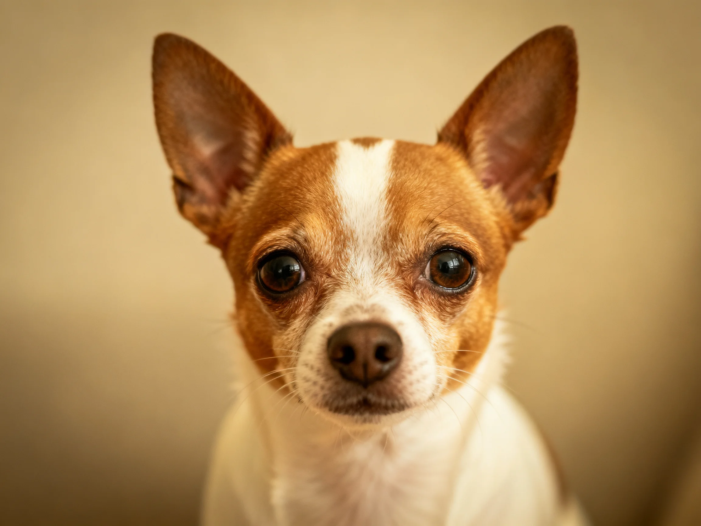 A small brown and white dog looksdirectly at the camera with large eyes.