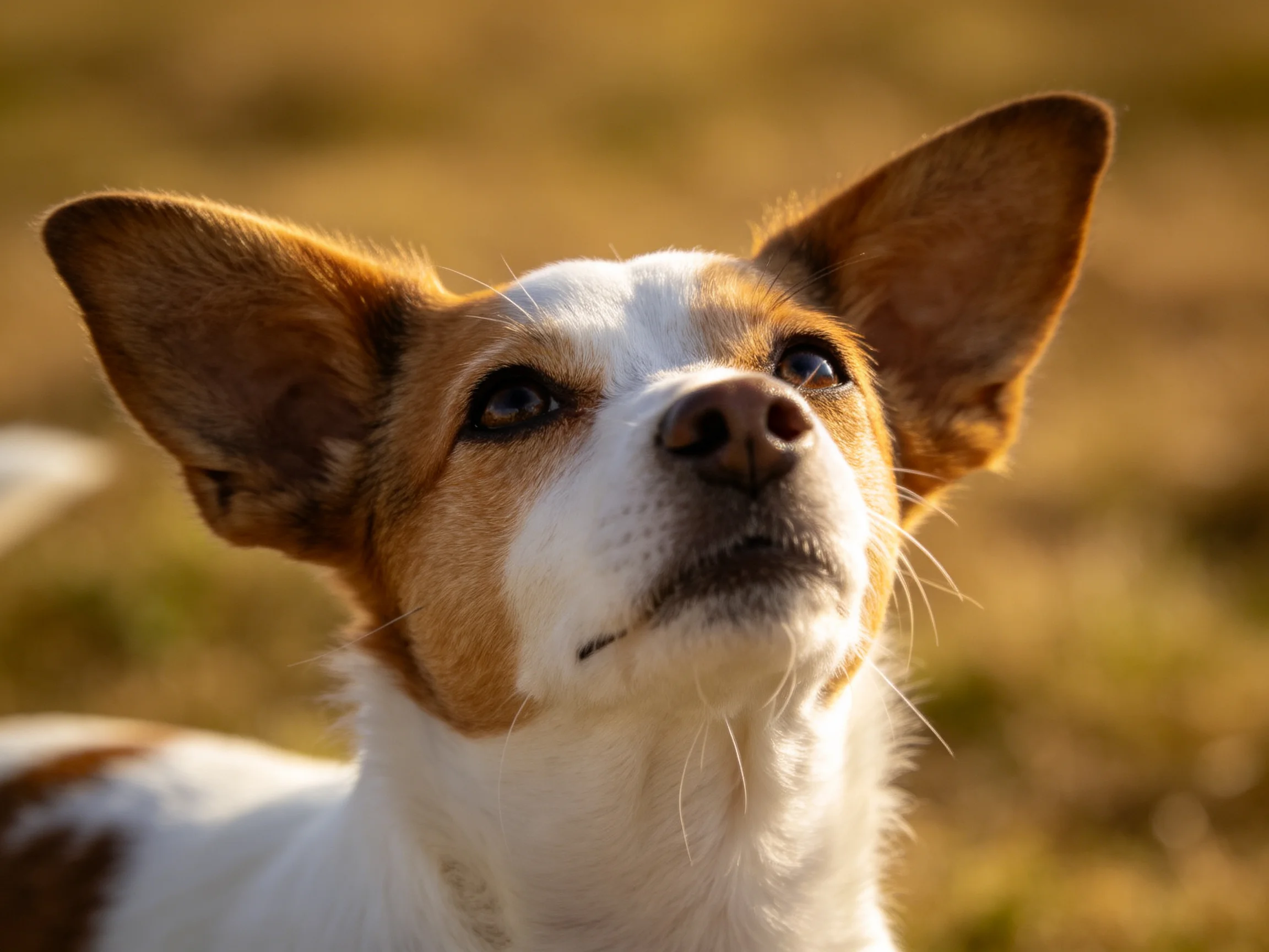 A small brown-and-white dog looks upward in a sunlit outdoor setting.