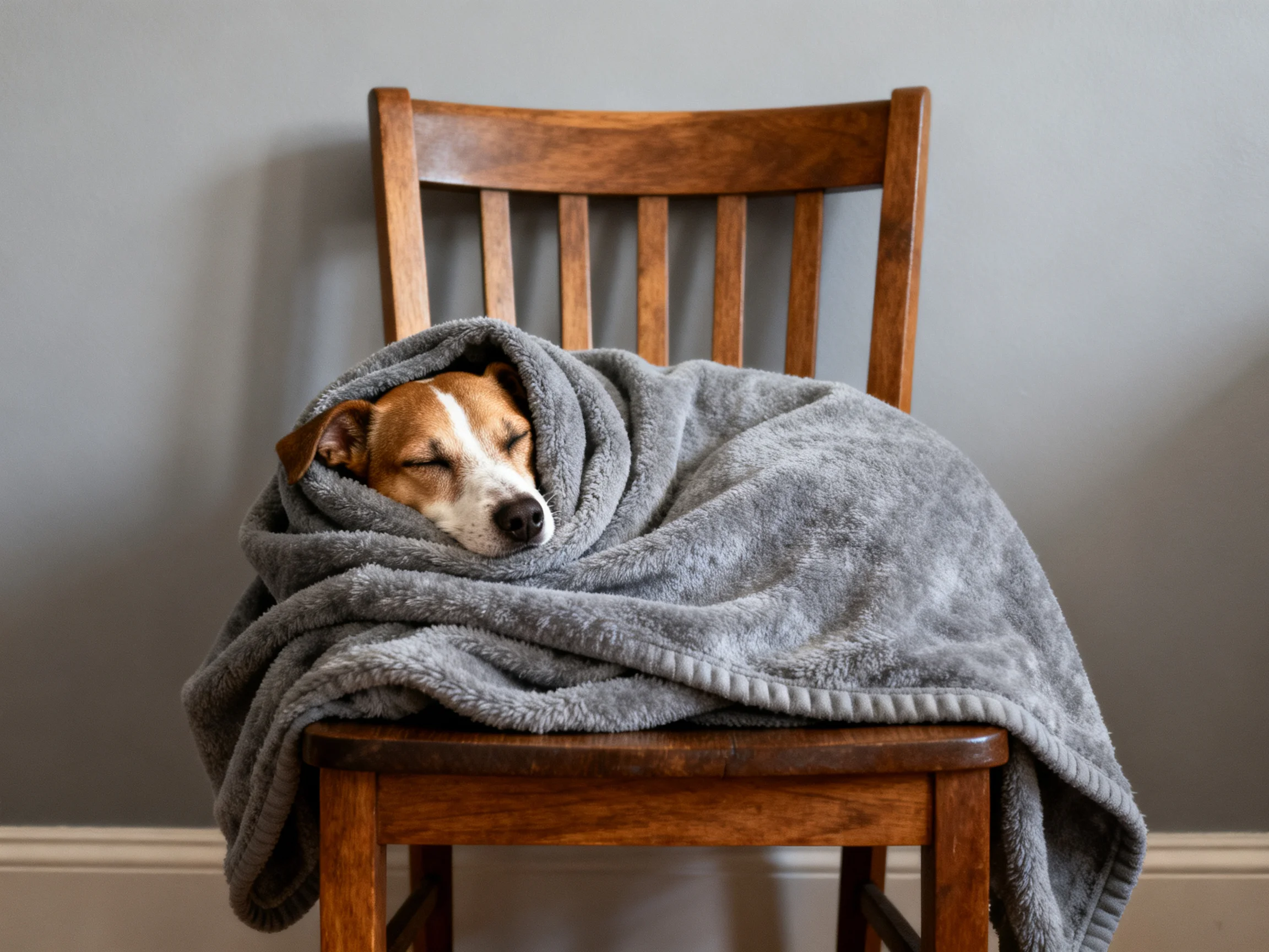 A small brown and white dog wrapped in a gray blanket rests on a wooden chair