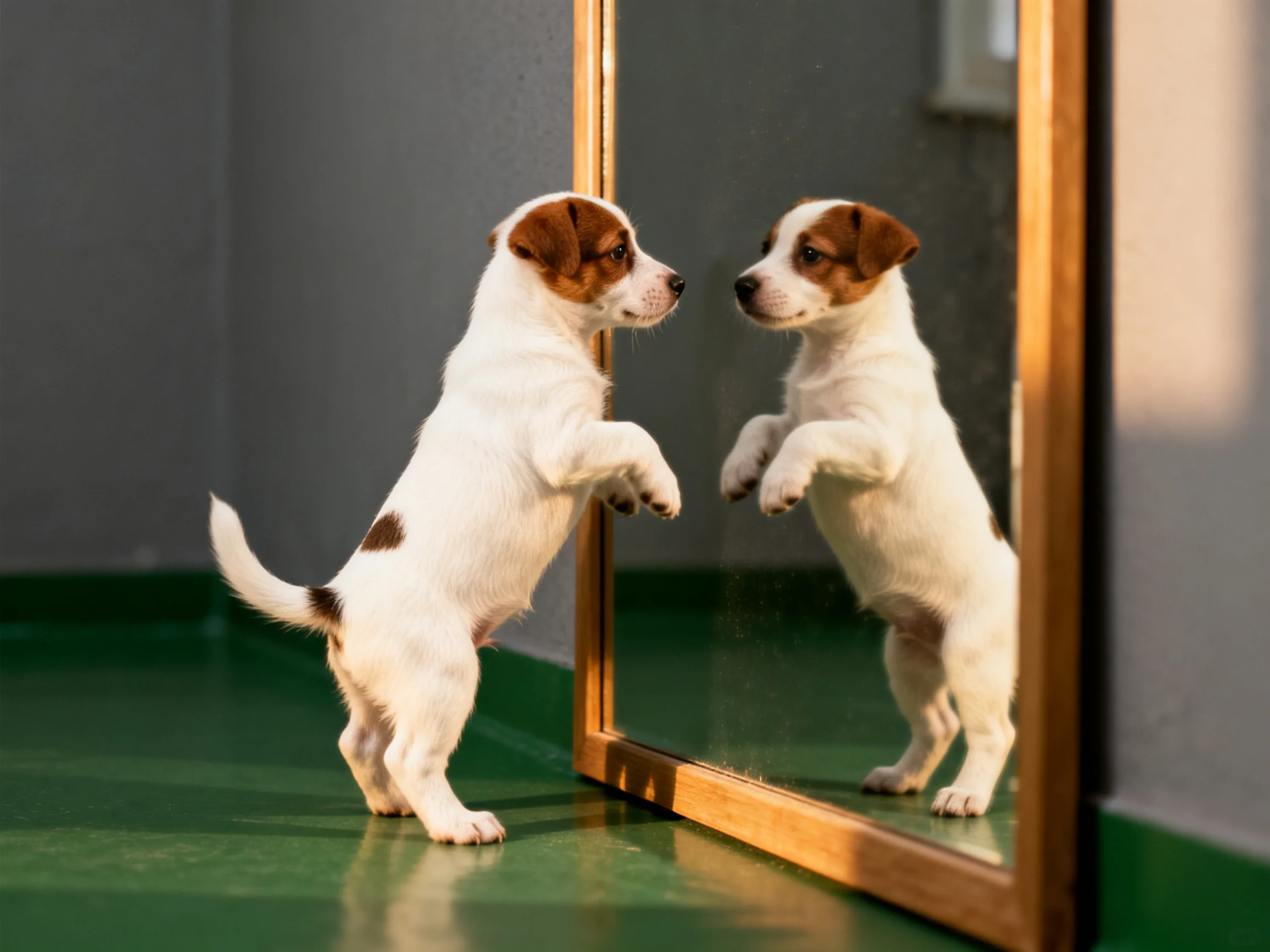 A small dog interacts with its reflection in a mirror.
