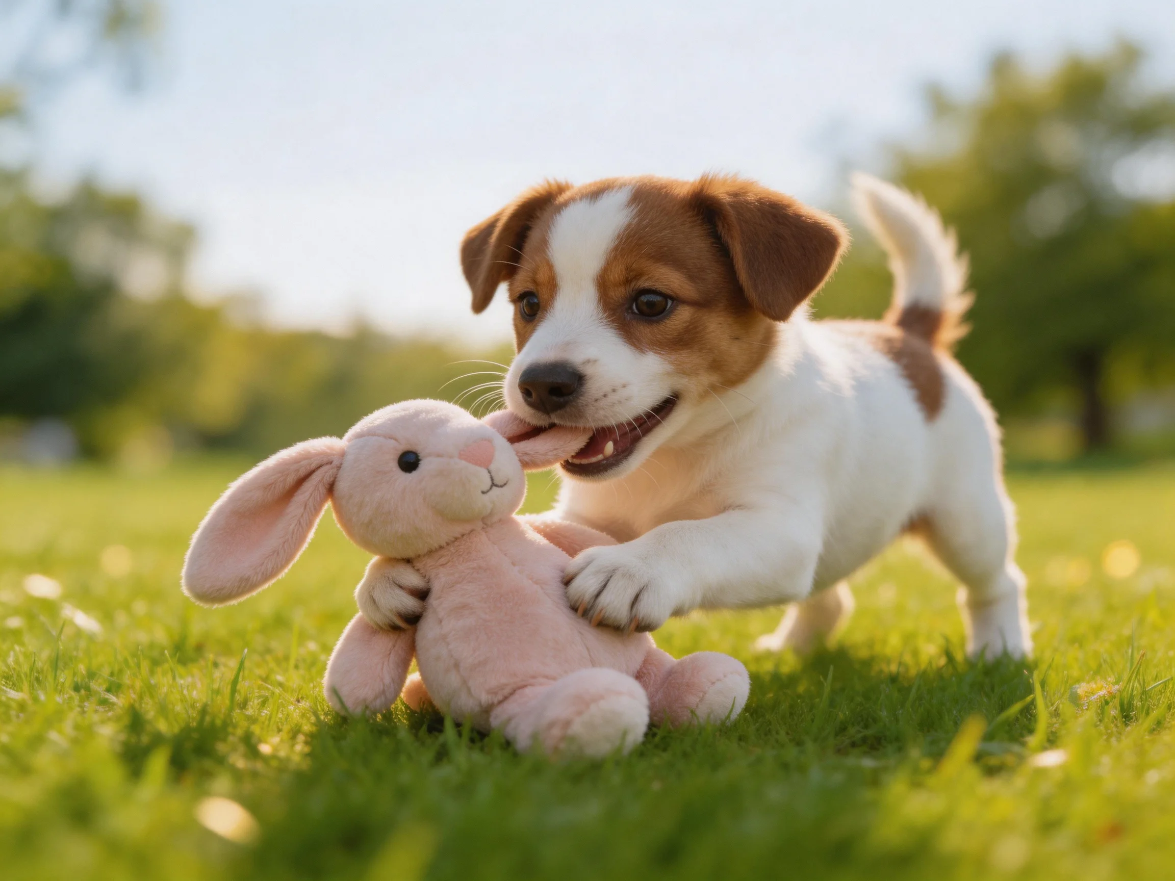 A small brown-and-white puppy plays with a pink stuffed bunny in a sunlit grassy area.