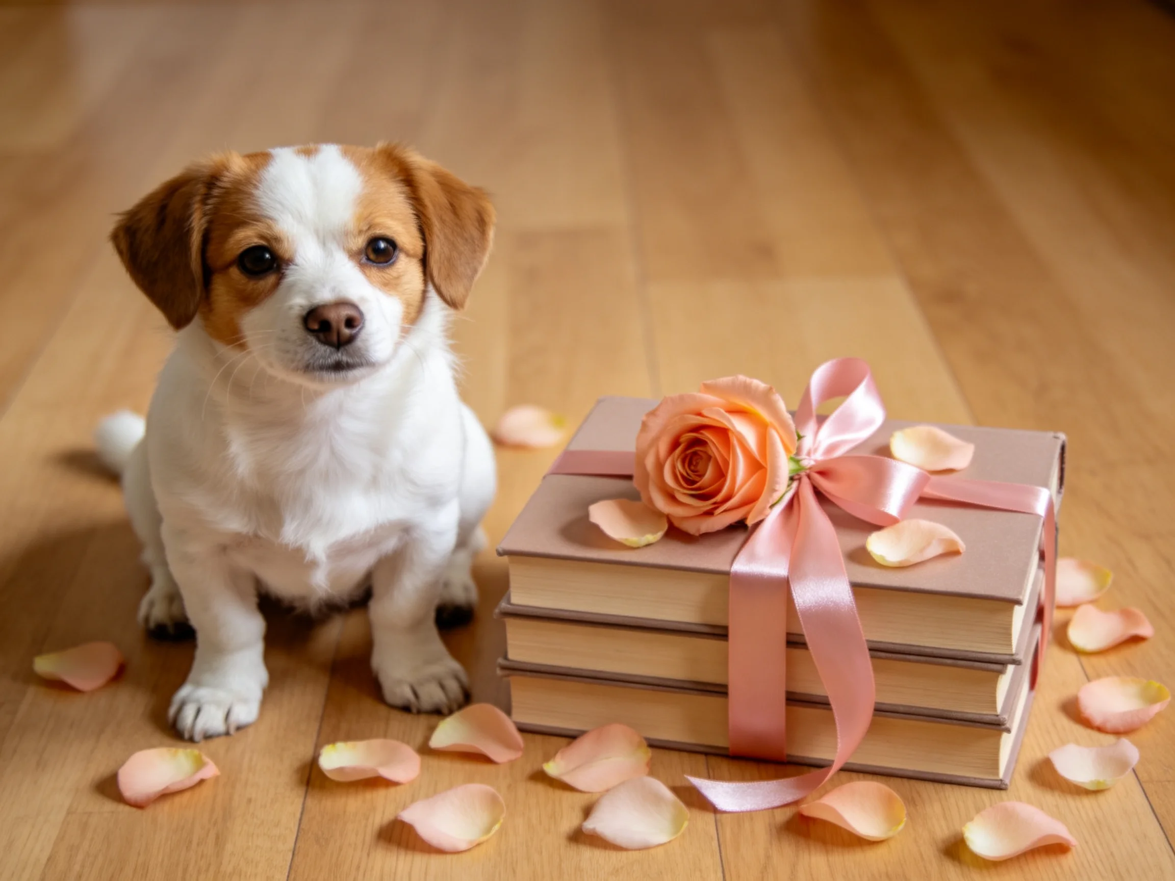 A small puppy sits near stacked books decorated with a pink rose and rose petals.