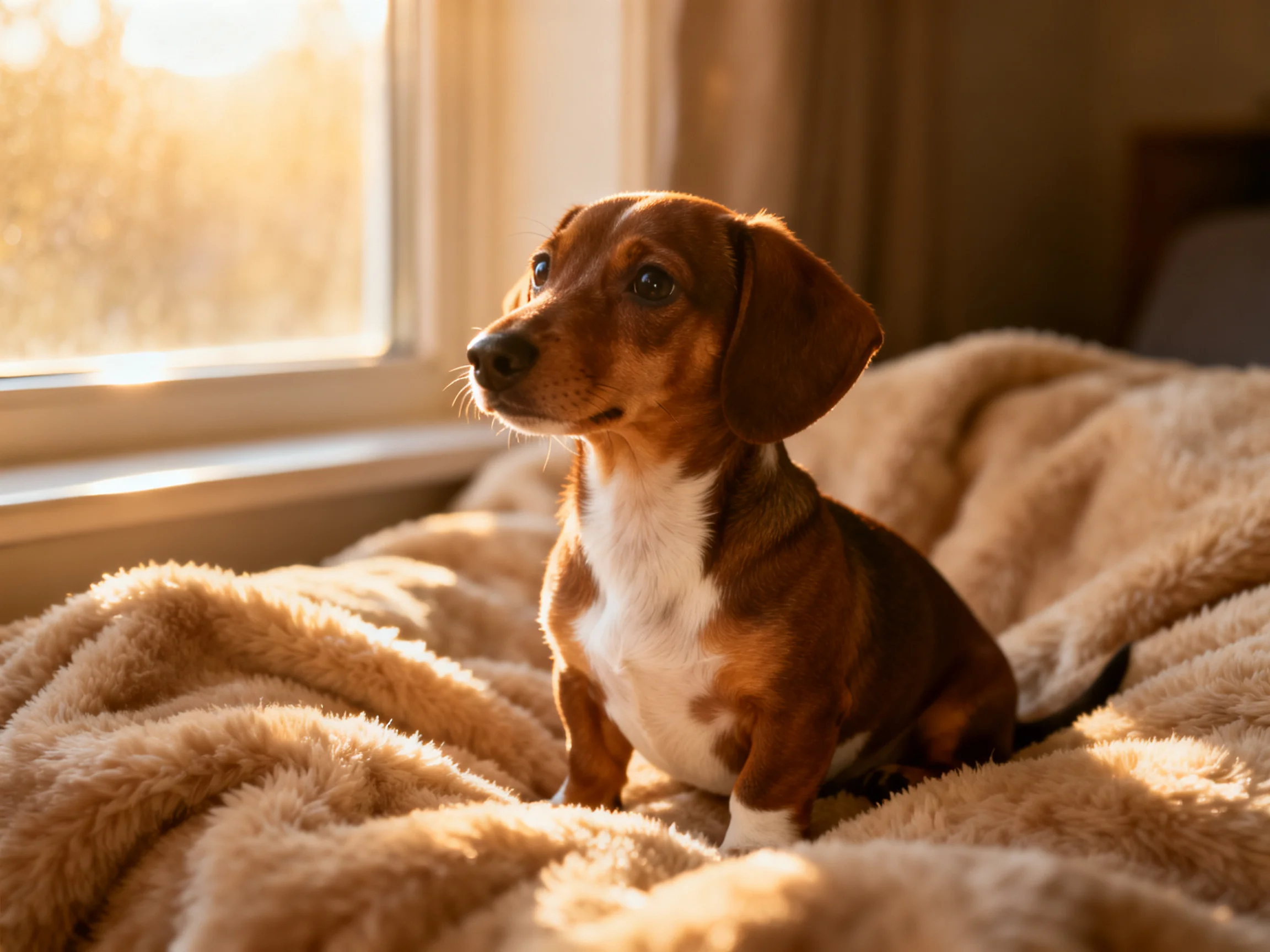 A small brown and white puppy sits on a blanket near a sunlit window