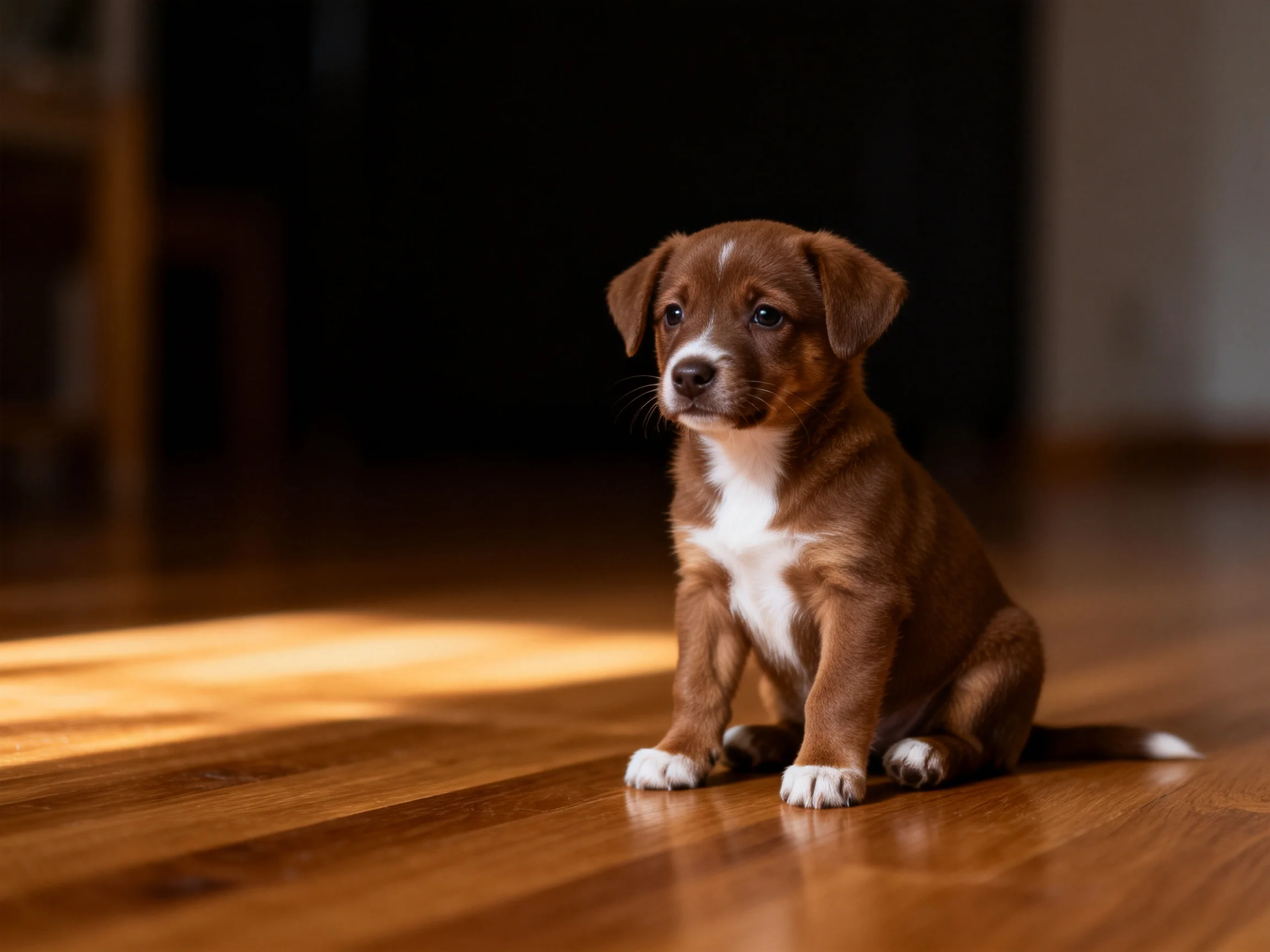 A small brown and white puppy sits calmly on a polished wooden floor
