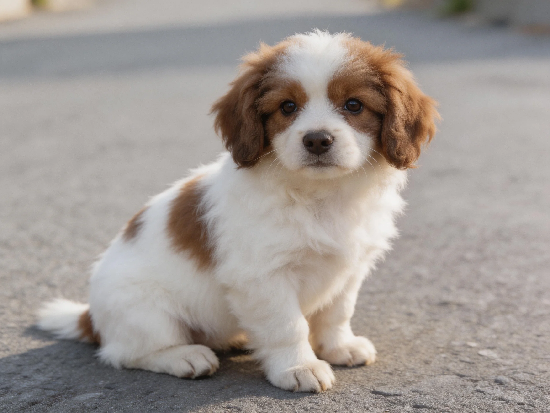 A small brown-and-white puppy sits calmly on pavement.
