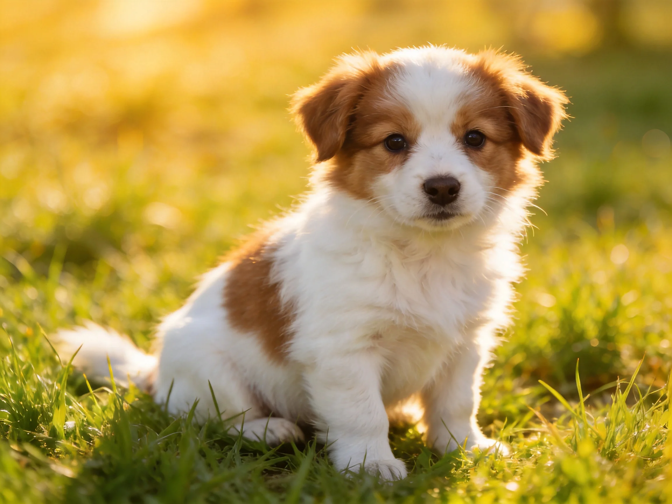 A small brown-and-white puppy sits on sunlit green grass