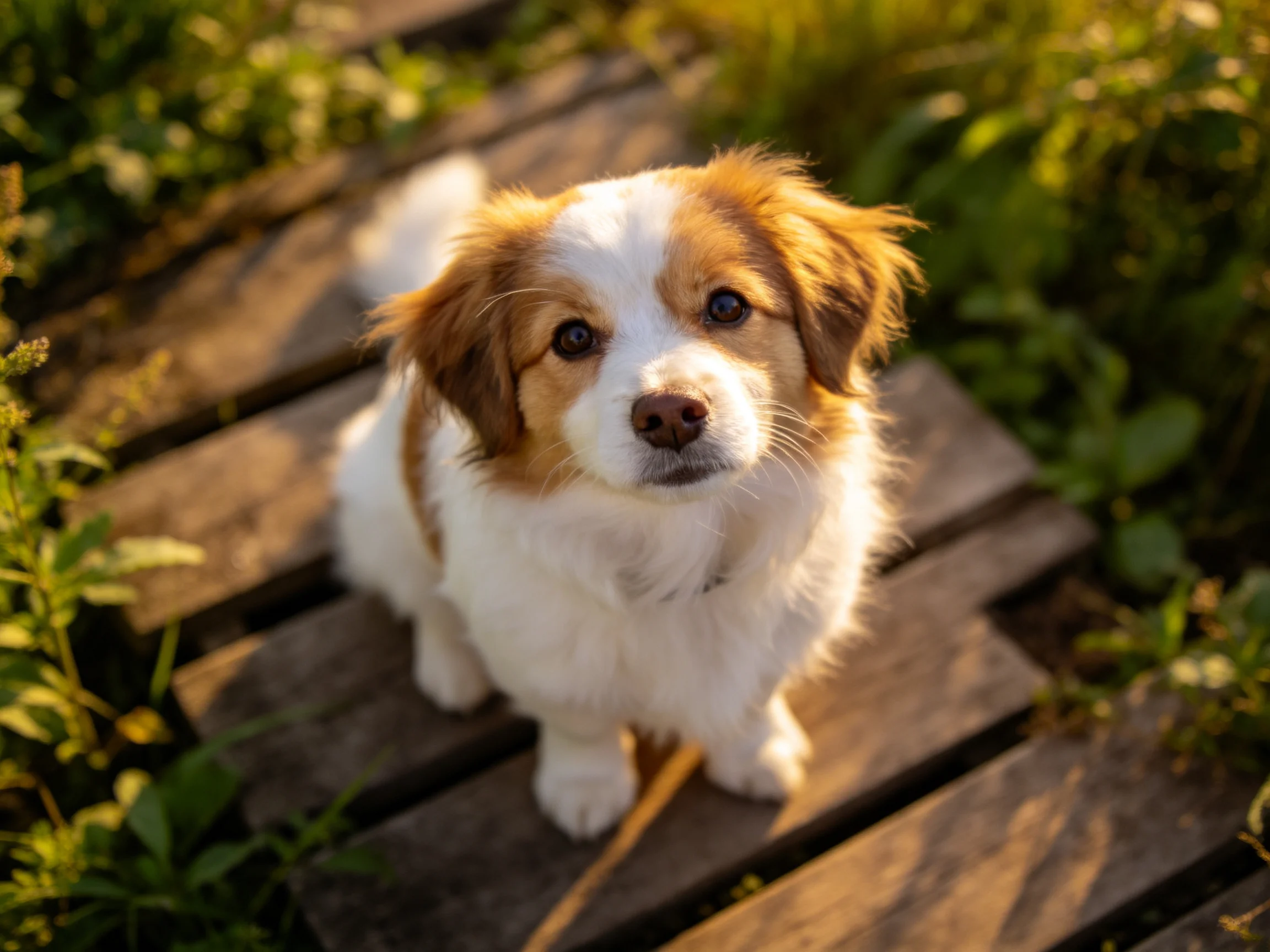 A small brown-and-white puppy sits on wooden planks amid greenery.