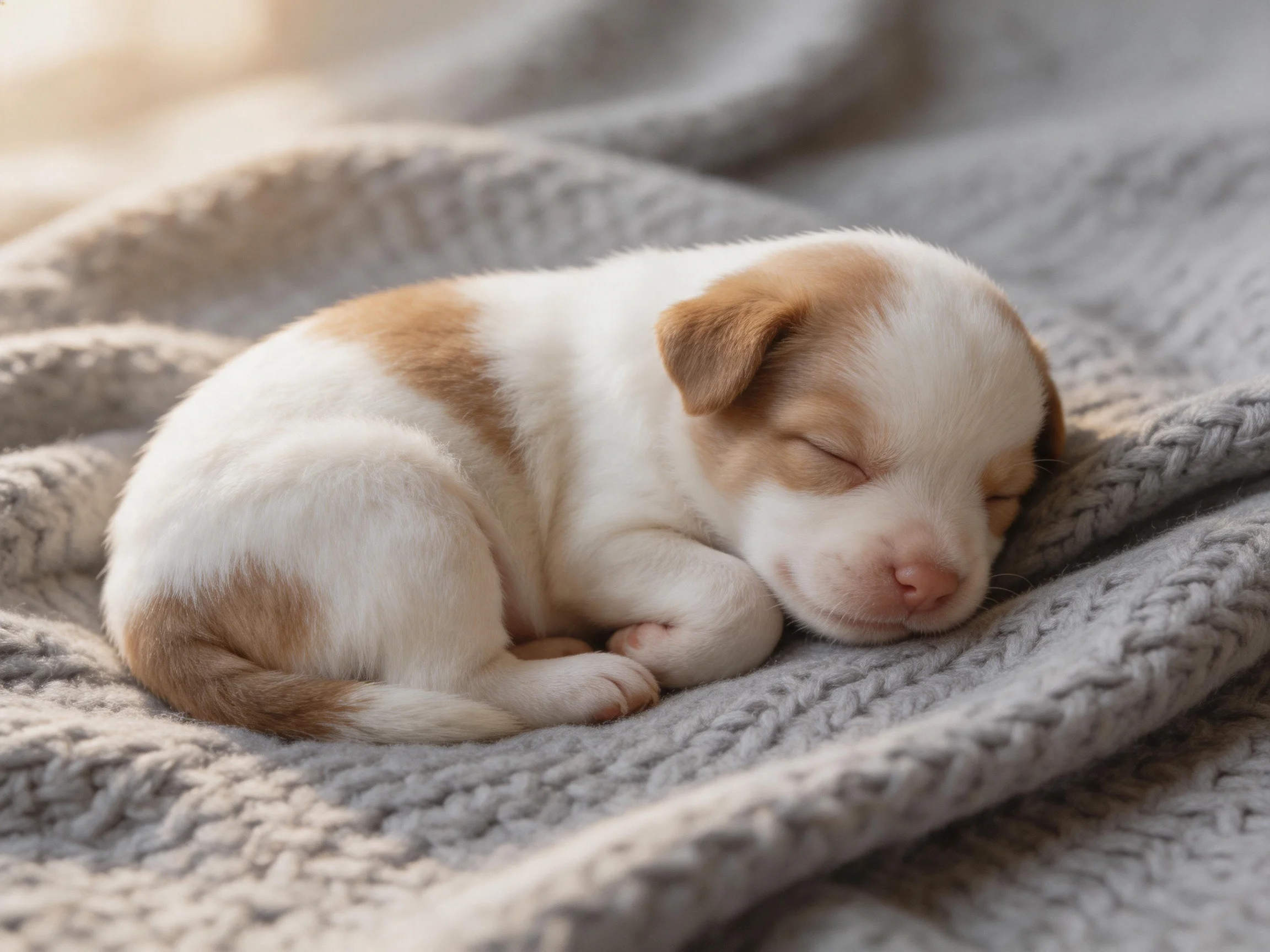 A small brown-and-white puppy rests on a soft gray blanket.