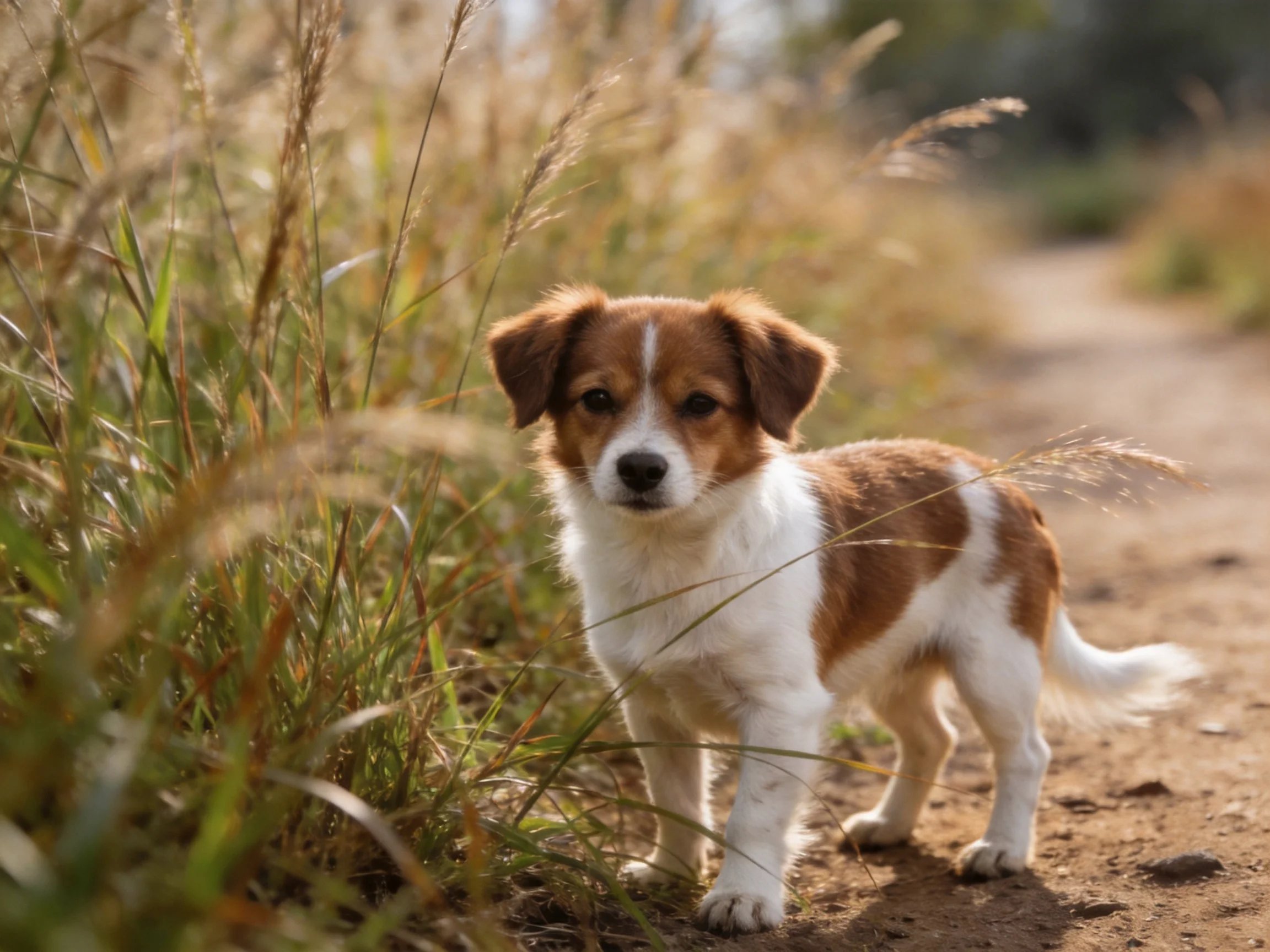 A small brown and white puppy stands among tall golden grasses on a dirt path.