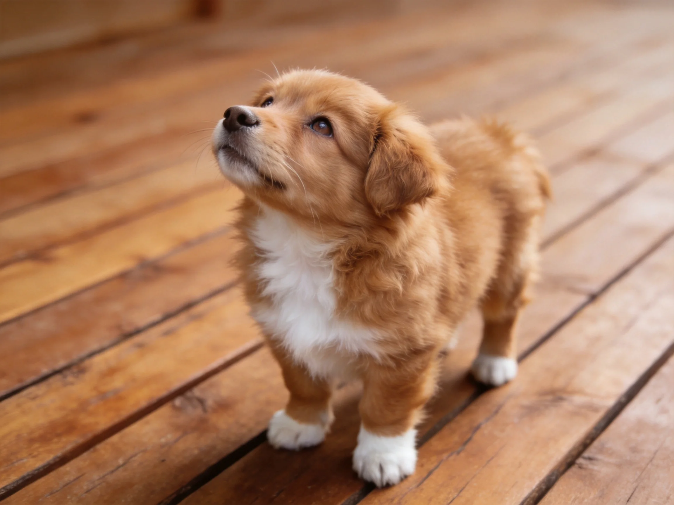 A small brown and white puppy looks upward on wooden flooring.