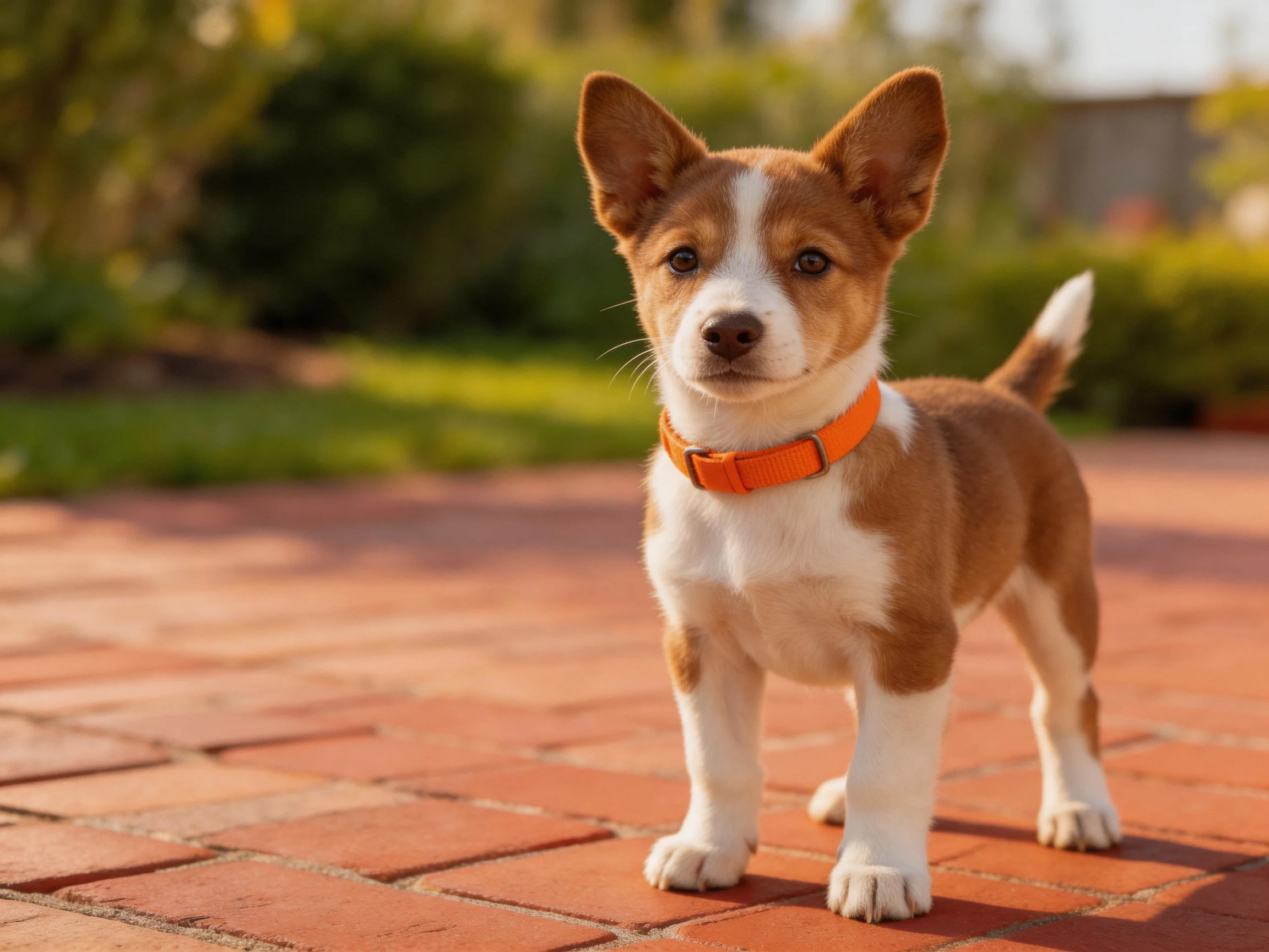 A small brown and white puppy with an orange collar stands on a brick patio outdoors.