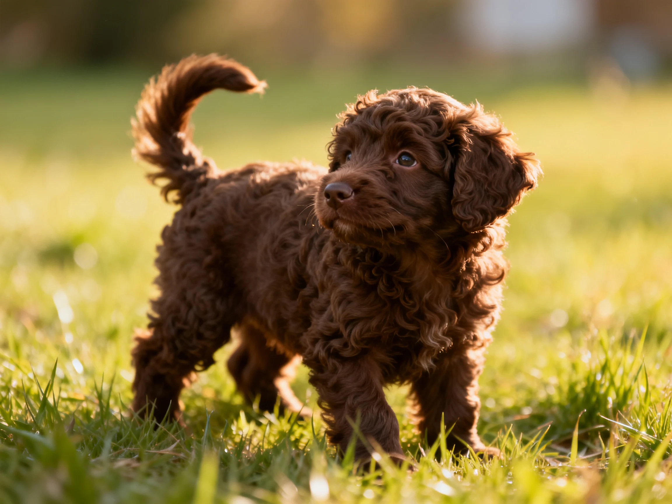 A small brown curly-haired puppy explores a sunlit grassy area.