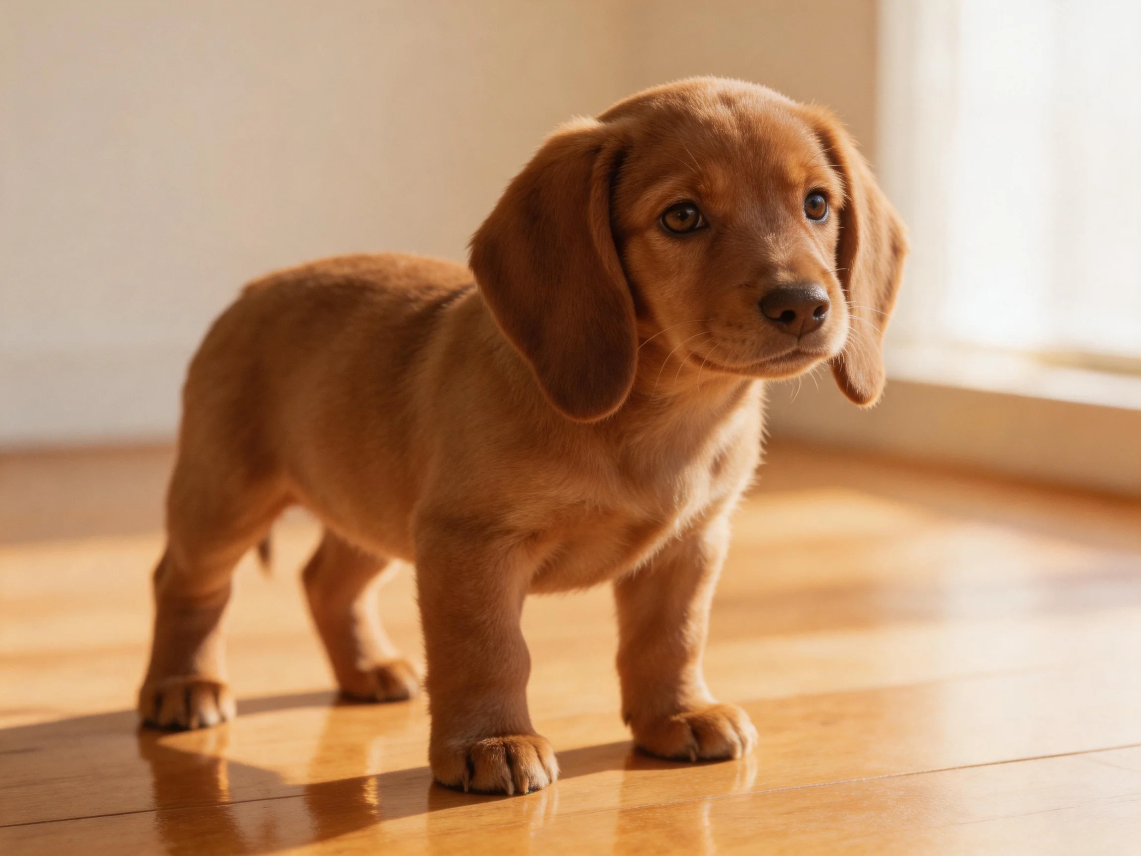 A small brown dachshund puppy standing on a polished wooden floor