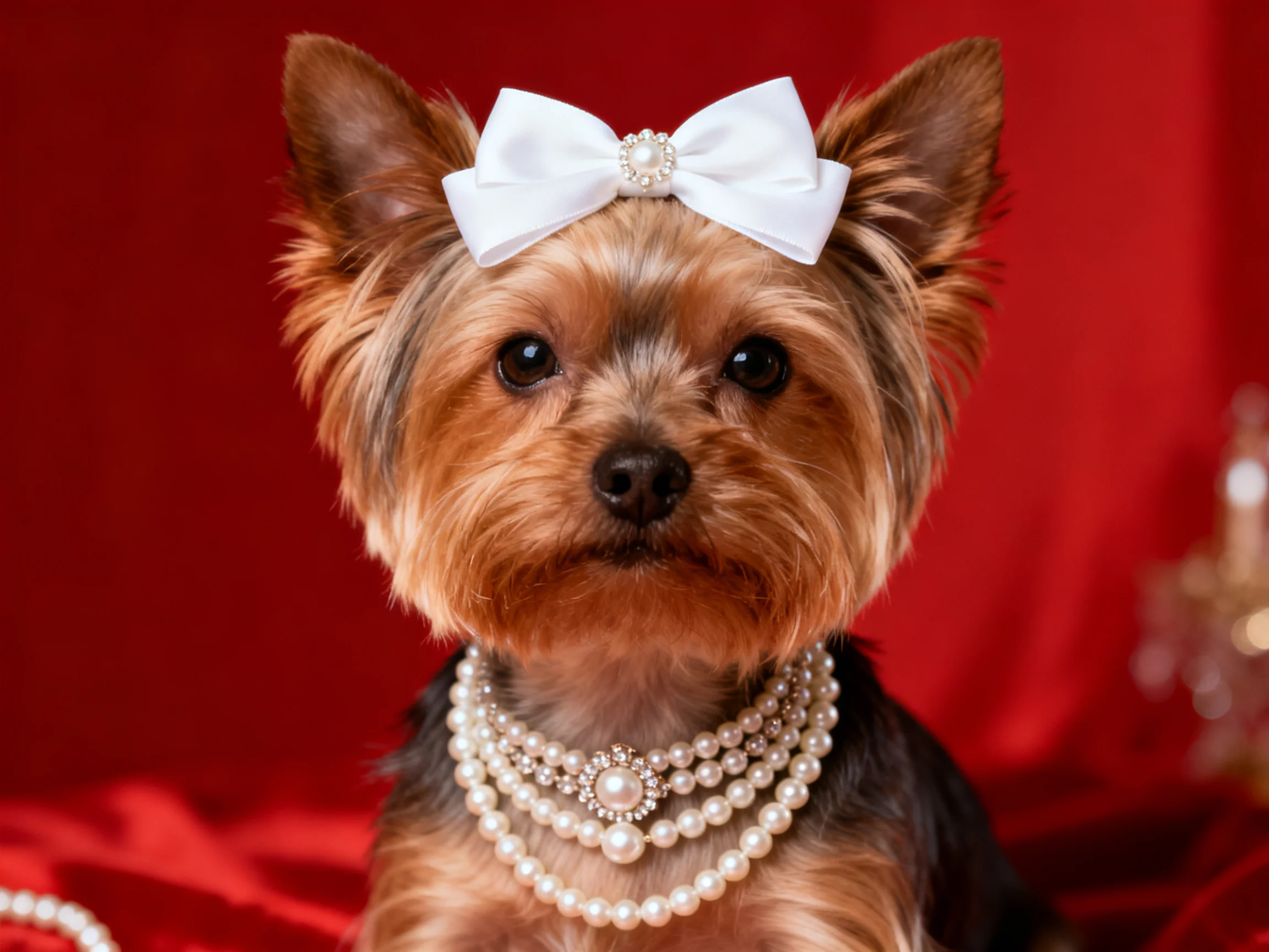 A small brown dog wears pearl necklaces and a white bow near a red curtain.