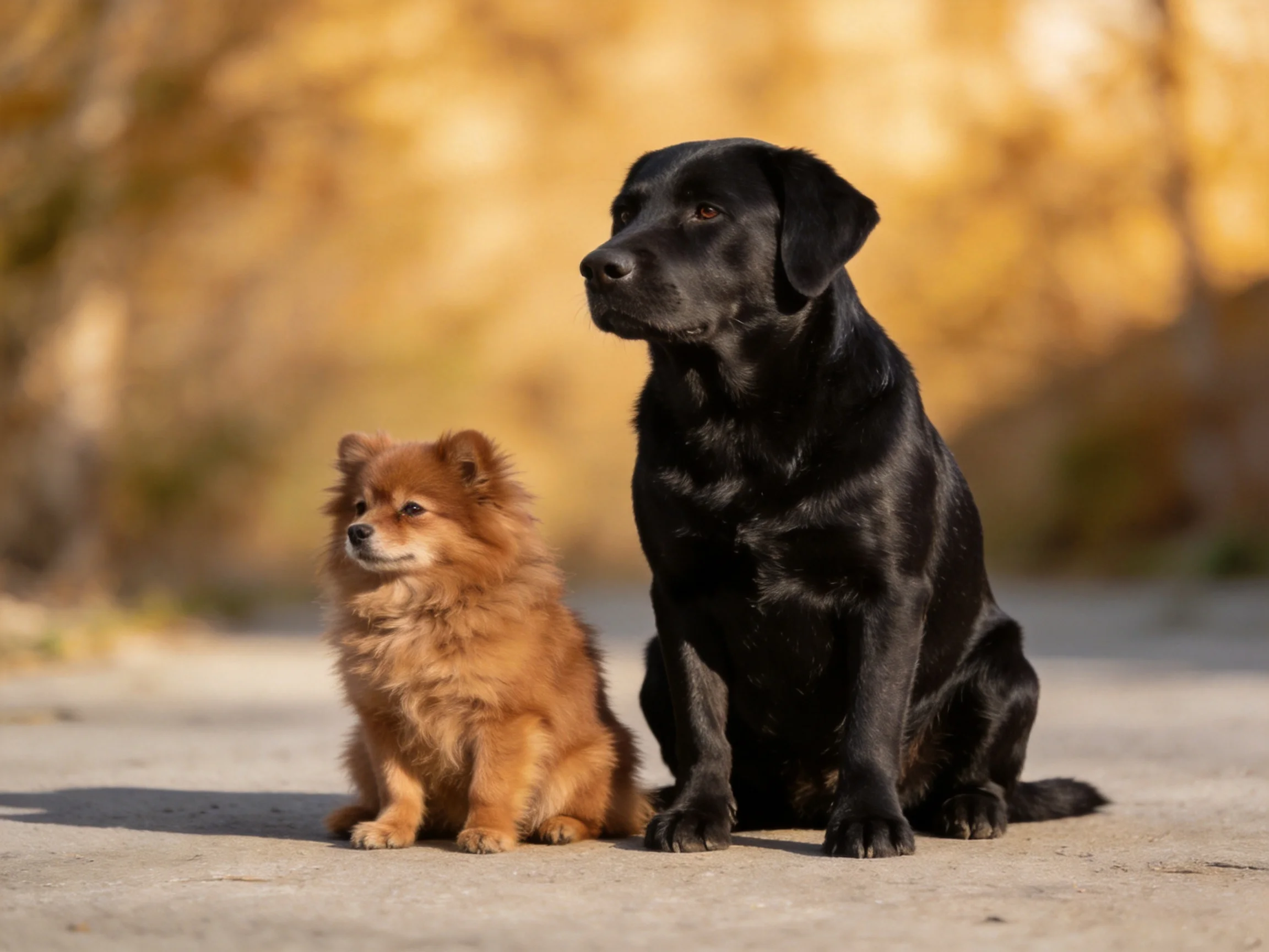 Two dogs of different sizes sit together on a sunlit path.