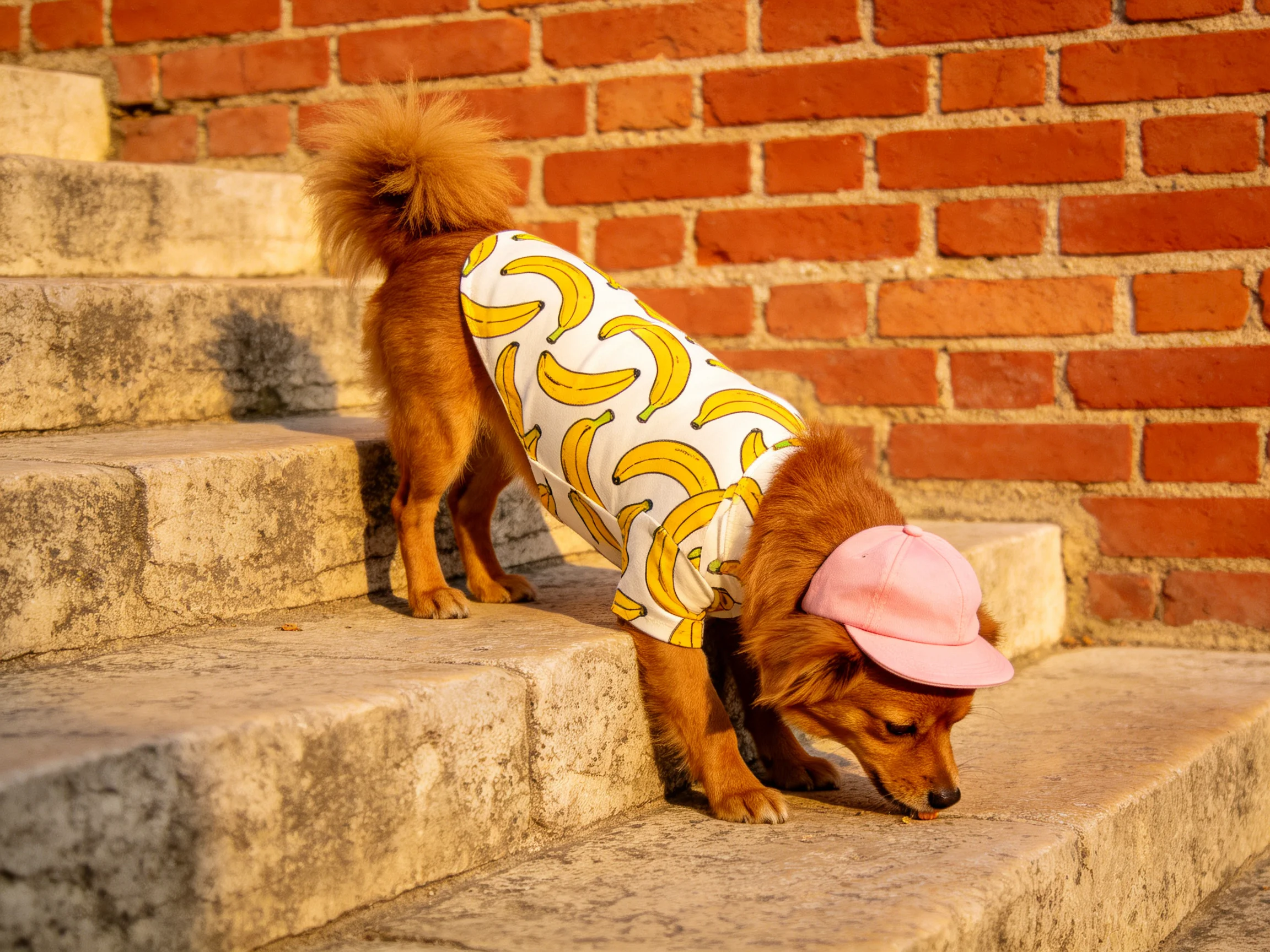 A small brown dog in a banana-patterned outfit sniffs stone steps next to a brick wall