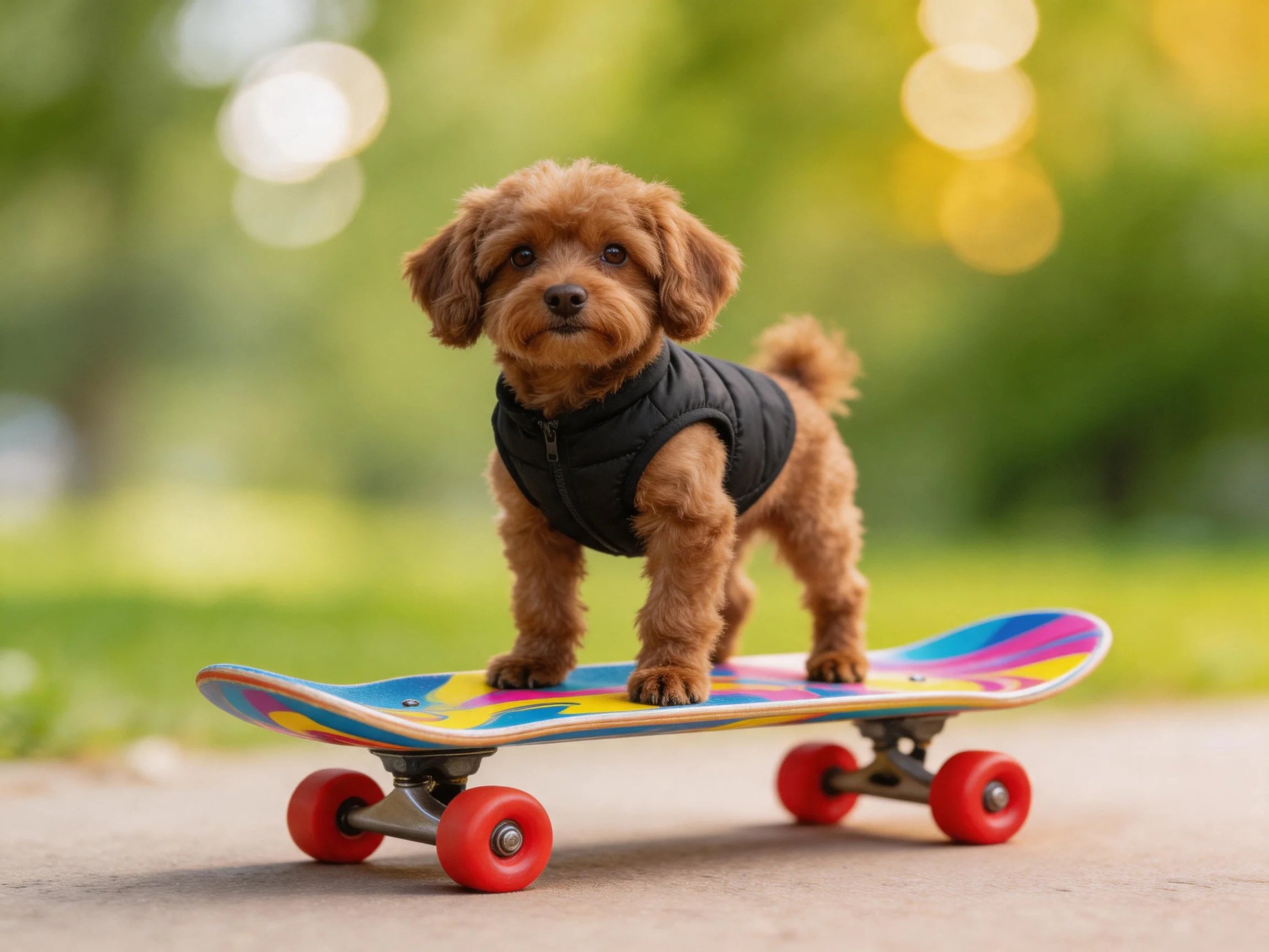 A small brown dog in a black vest stands on a colorful skateboard