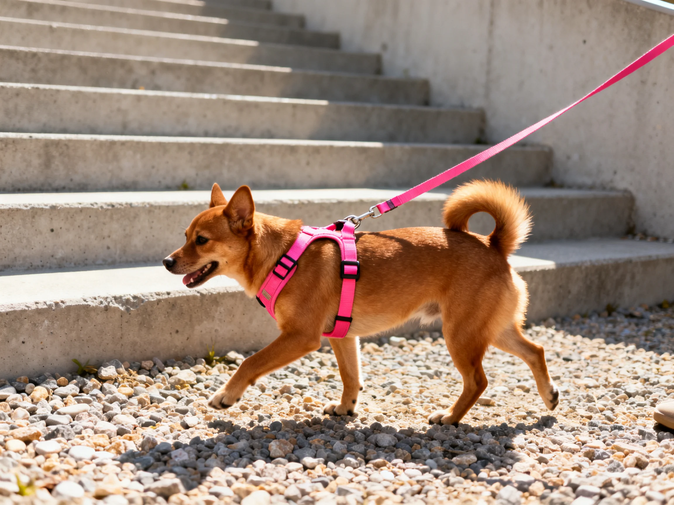 A small brown dog in a pink harness walks near concrete steps.