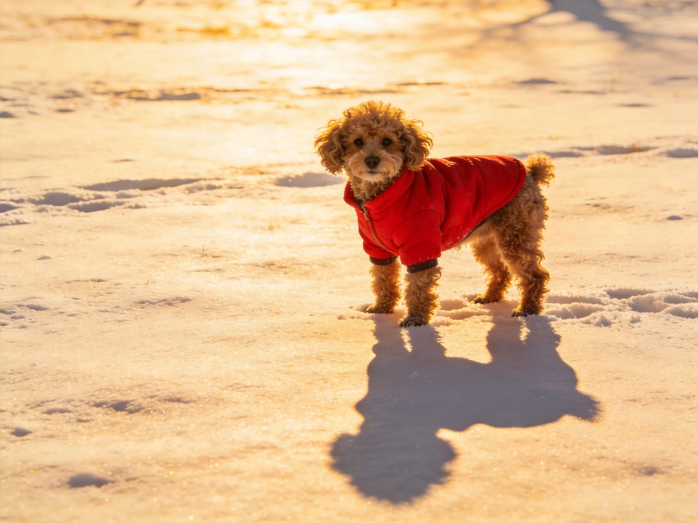 A small brown dog in a bright red jacket stands on snowy ground