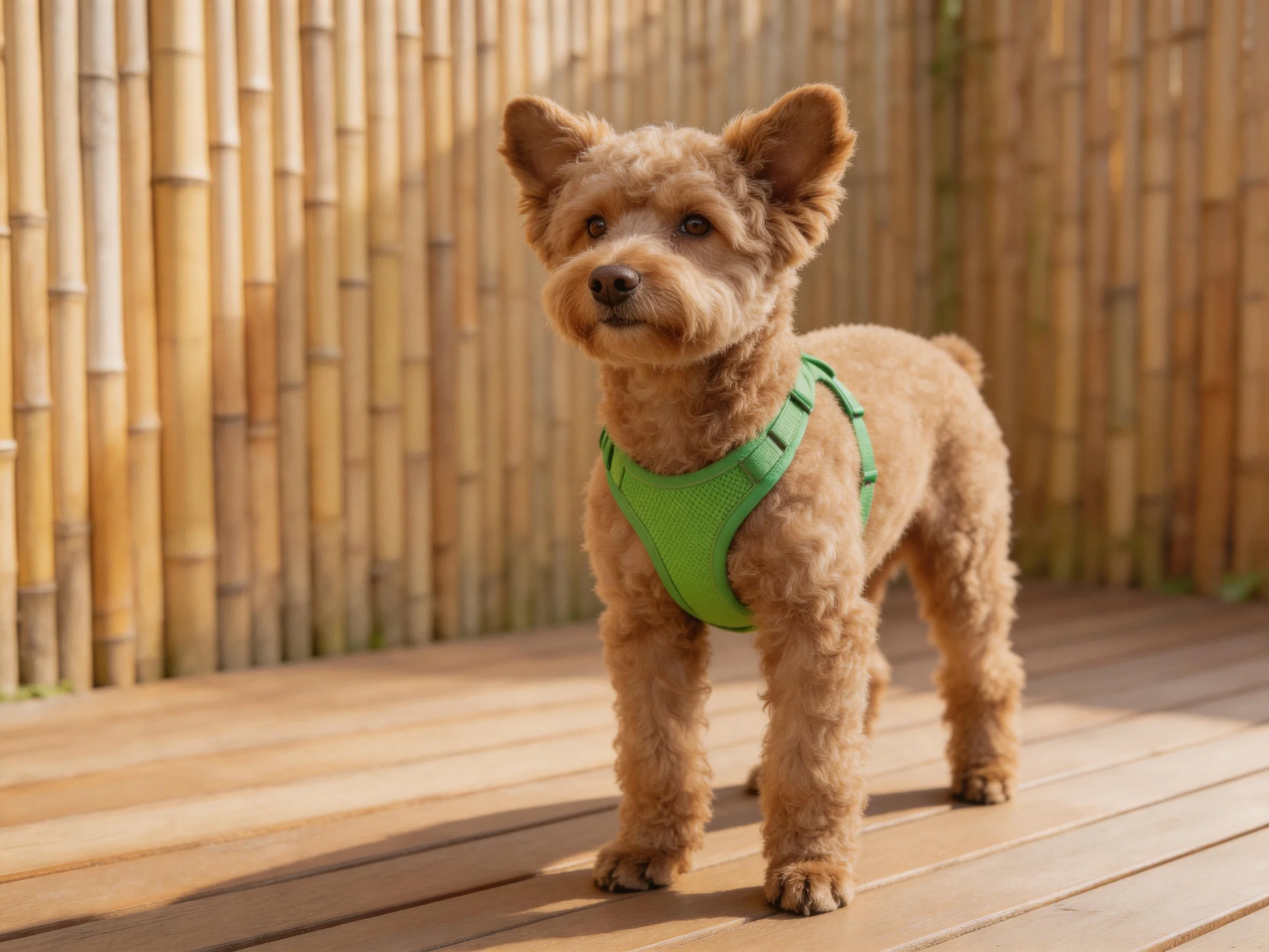 A small brown dog in a green harness stands near a bamboo fence