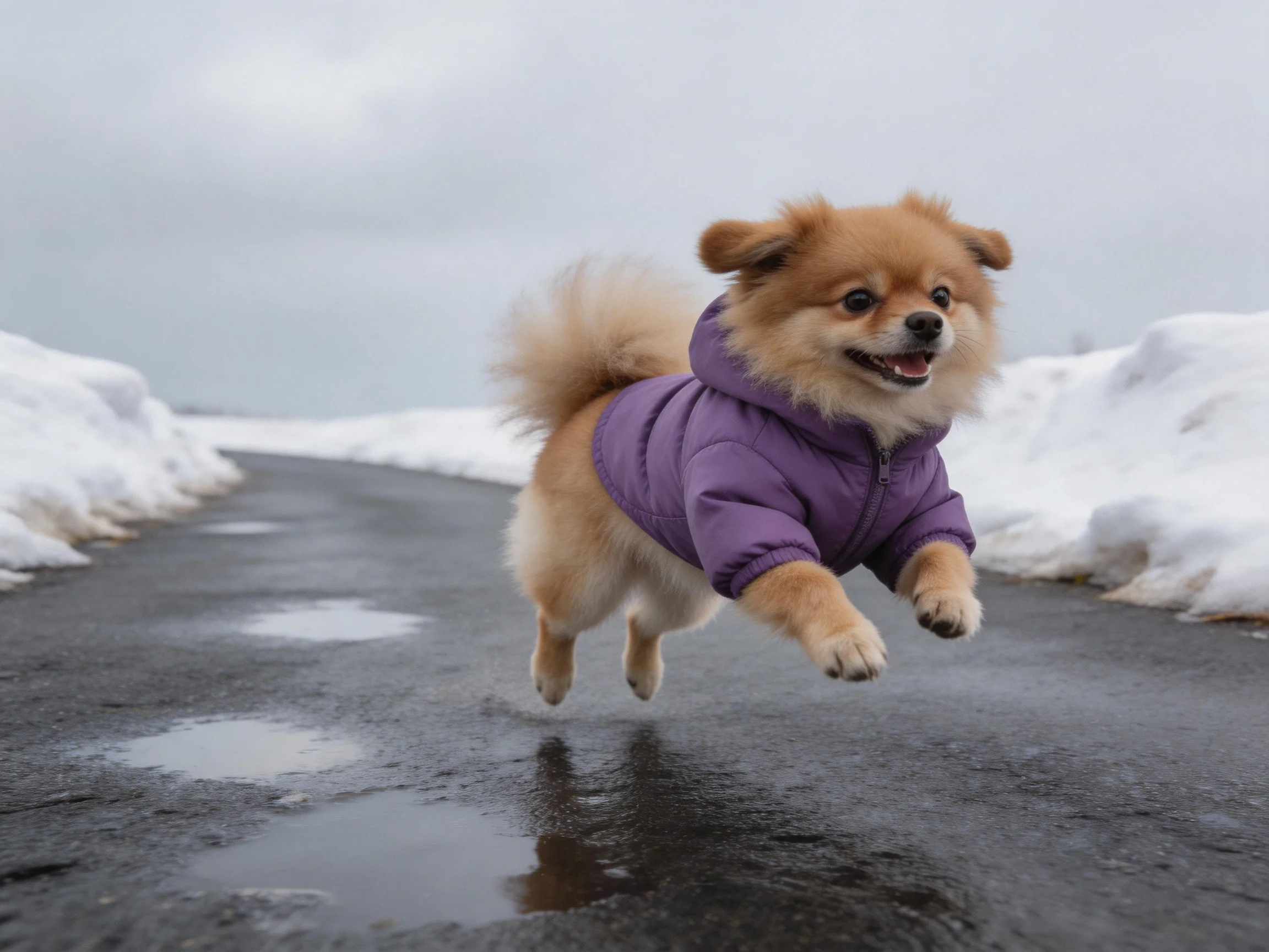 A small dog in a purple jacket jumps on a snow-lined road.