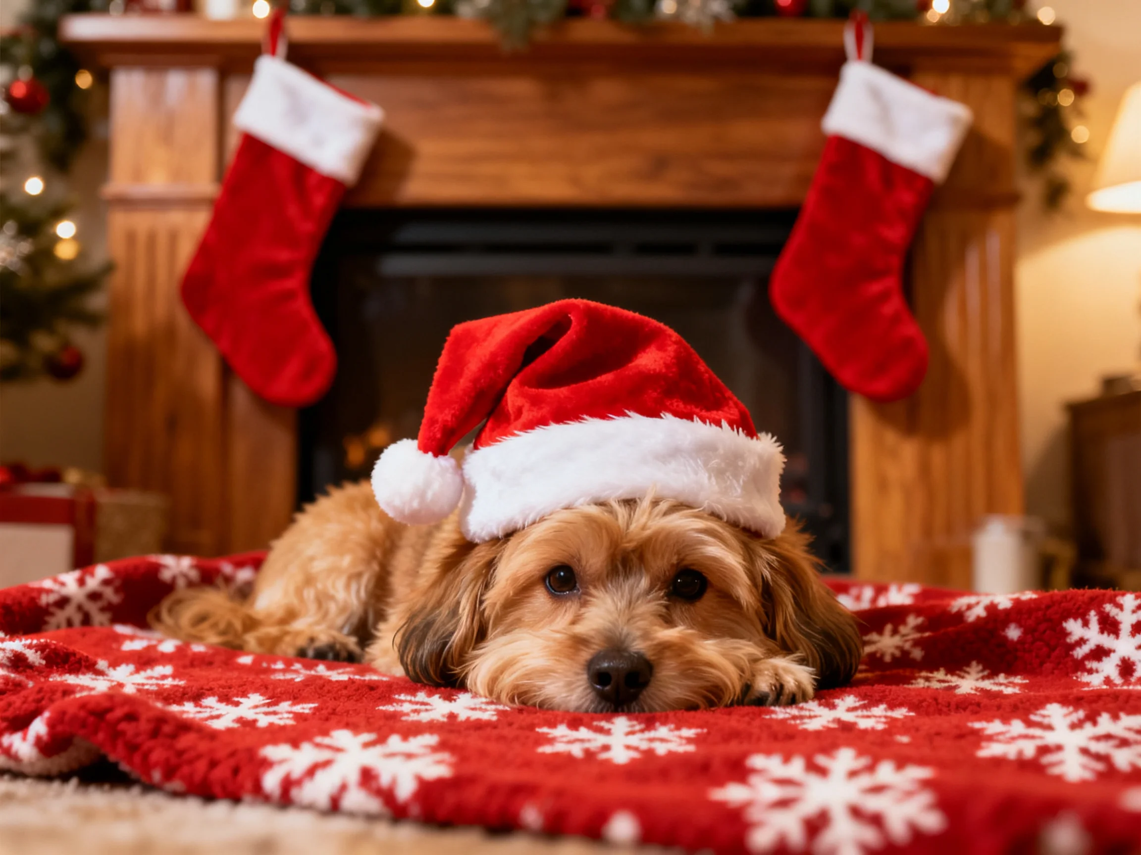 A small brown dog in a red Santa hat near a decorated fireplace