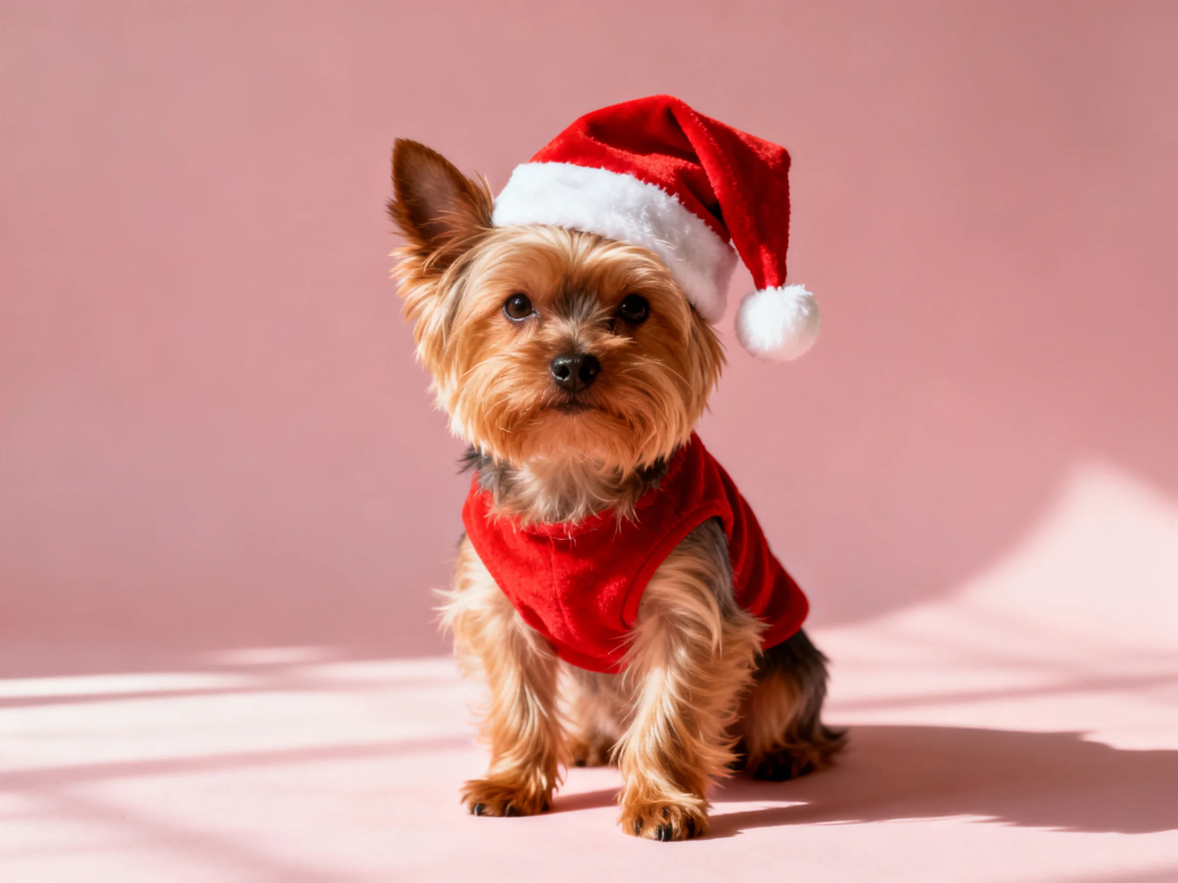 A small brown dog in red attire with a Santa hat