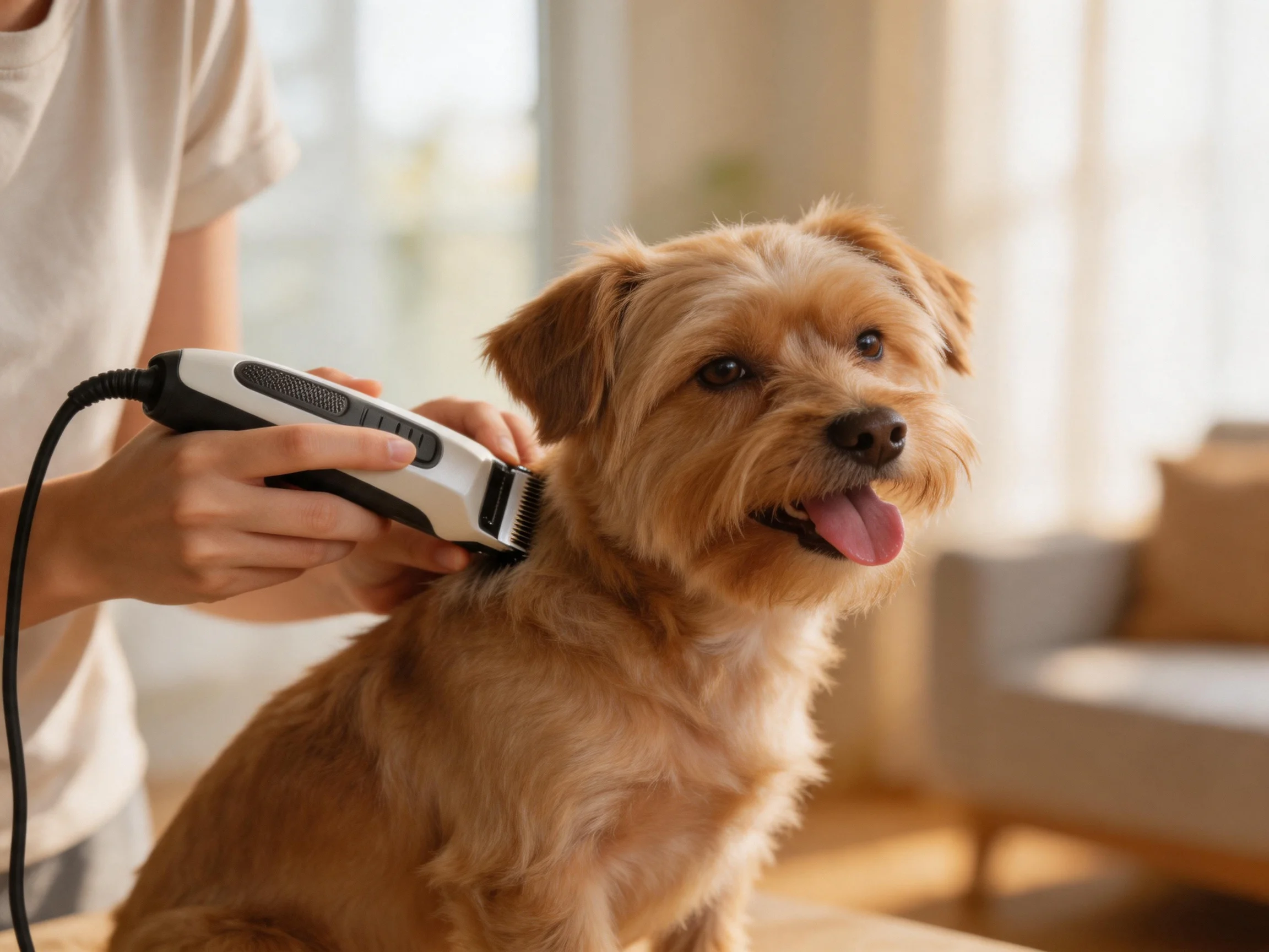 A small brown dog is groomed with electric clippers in a sunlit living room