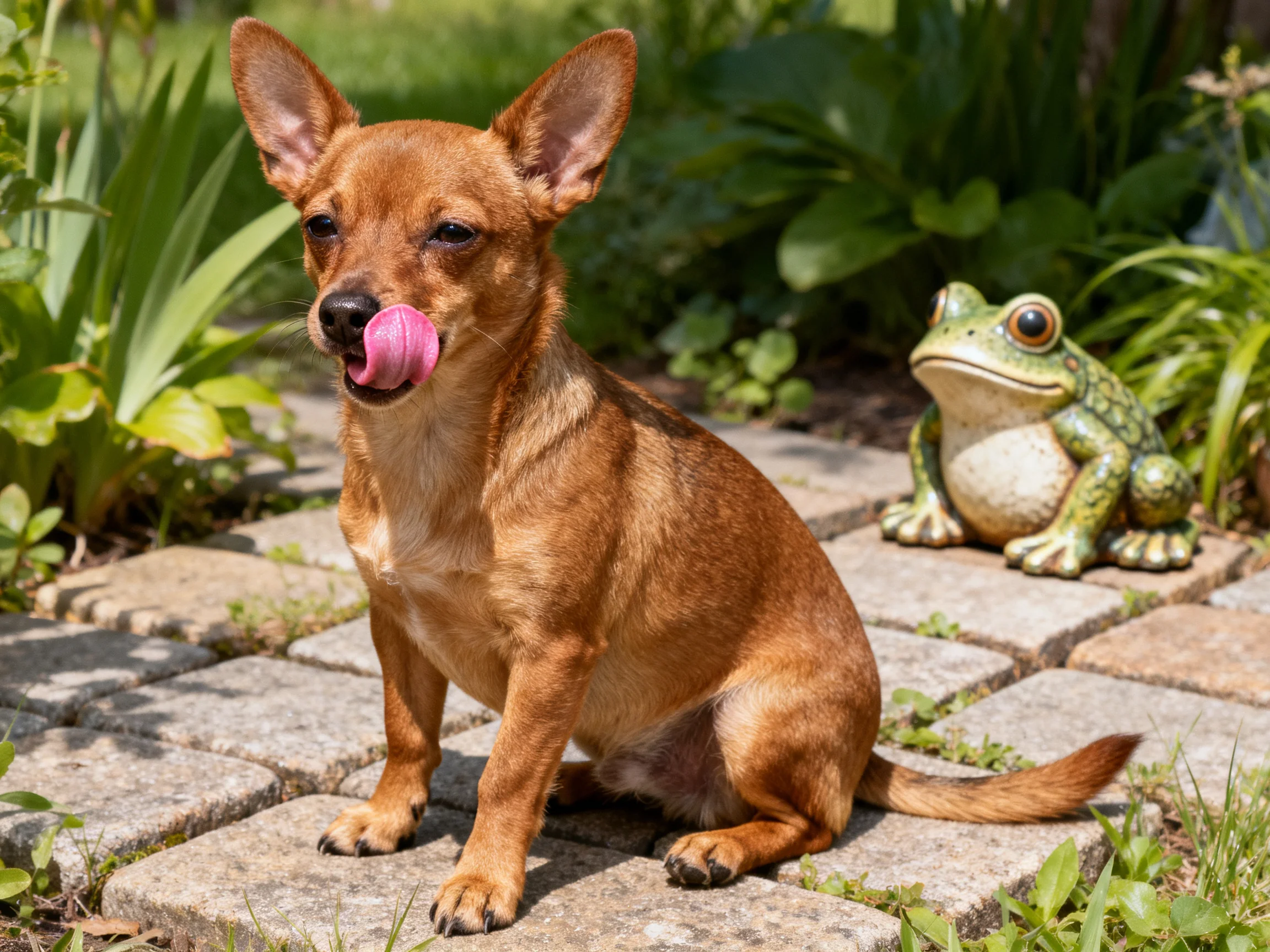 A small brown dog licks its pink tongue near a green frog statue on stone pavement