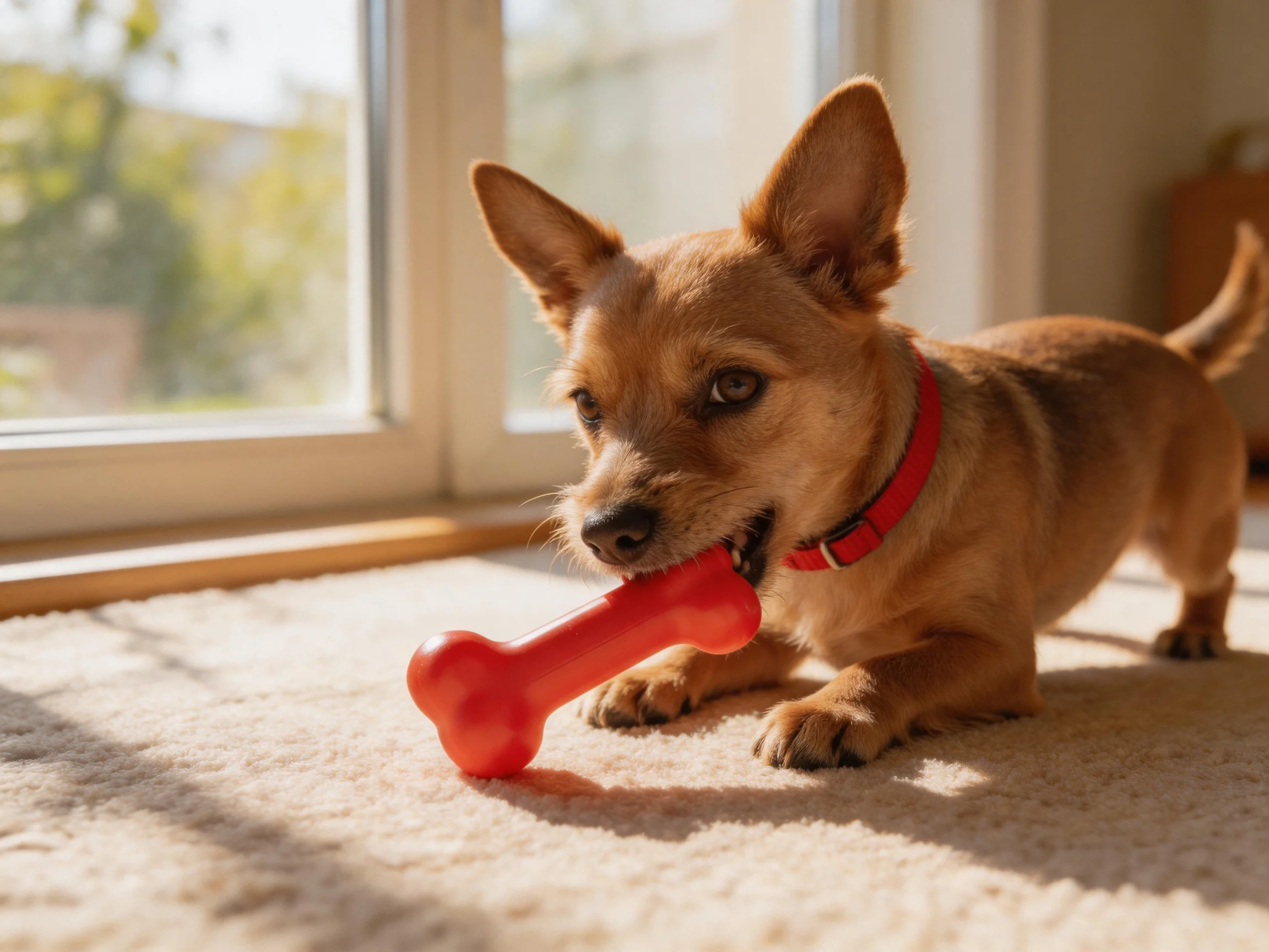 A small brown dog plays with a bright red bone near a sunlit window