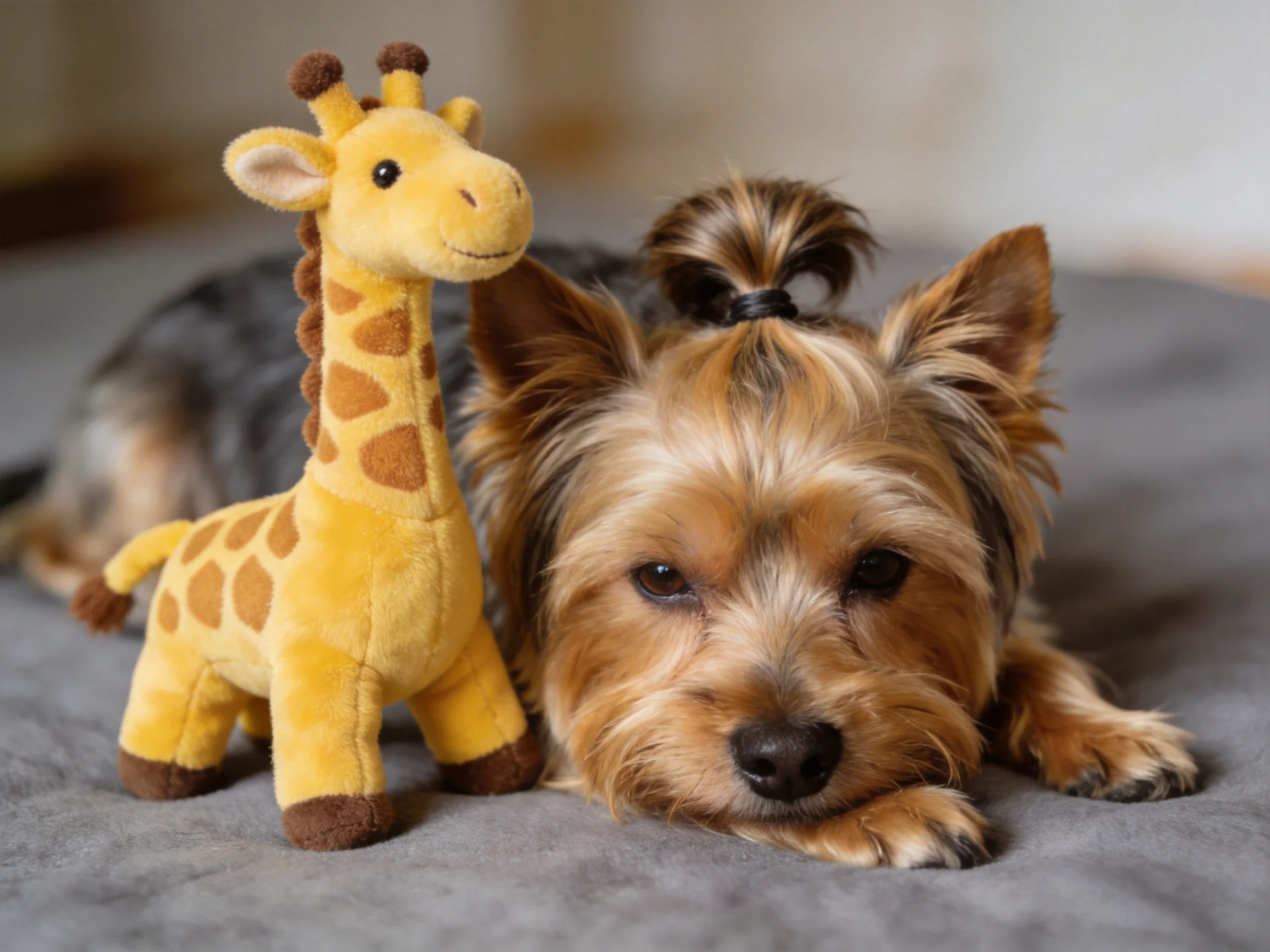 A small brown dog rests beside a yellow stuffed giraffe toy.
