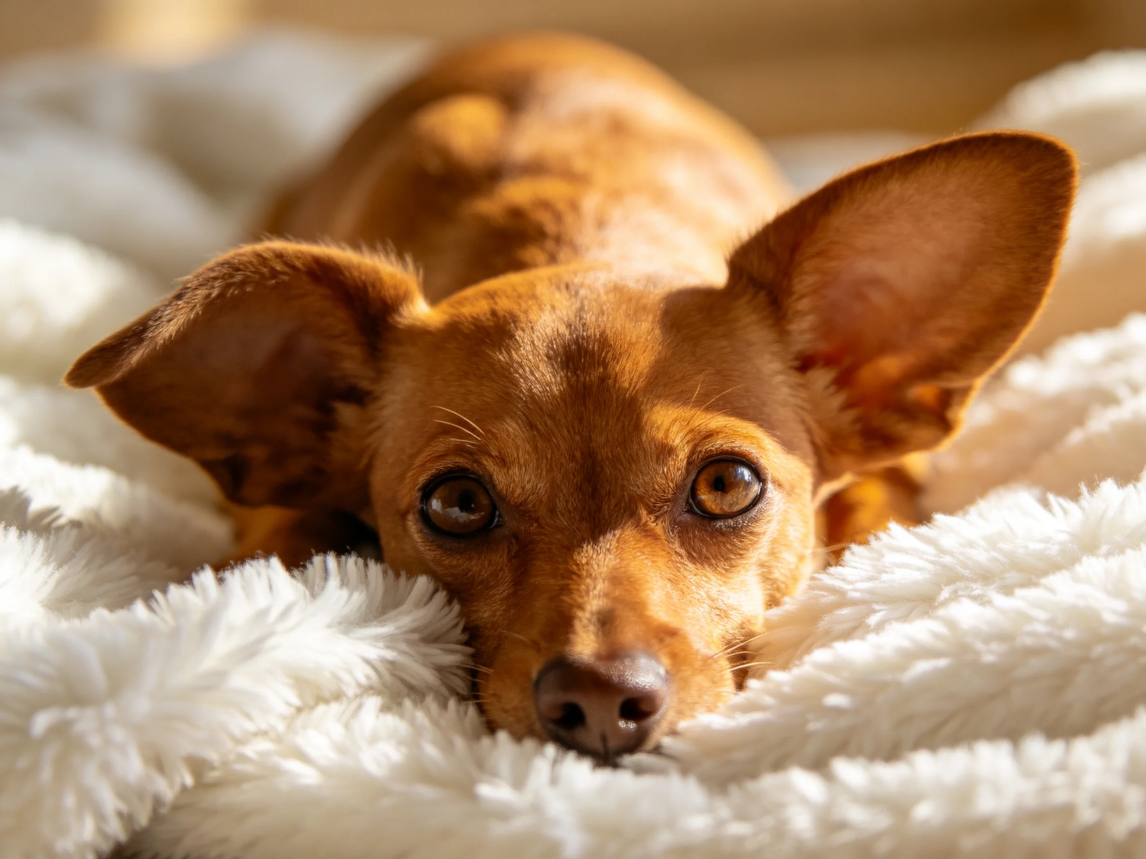 A small brown dog lies comfortably on a plush white blanket.