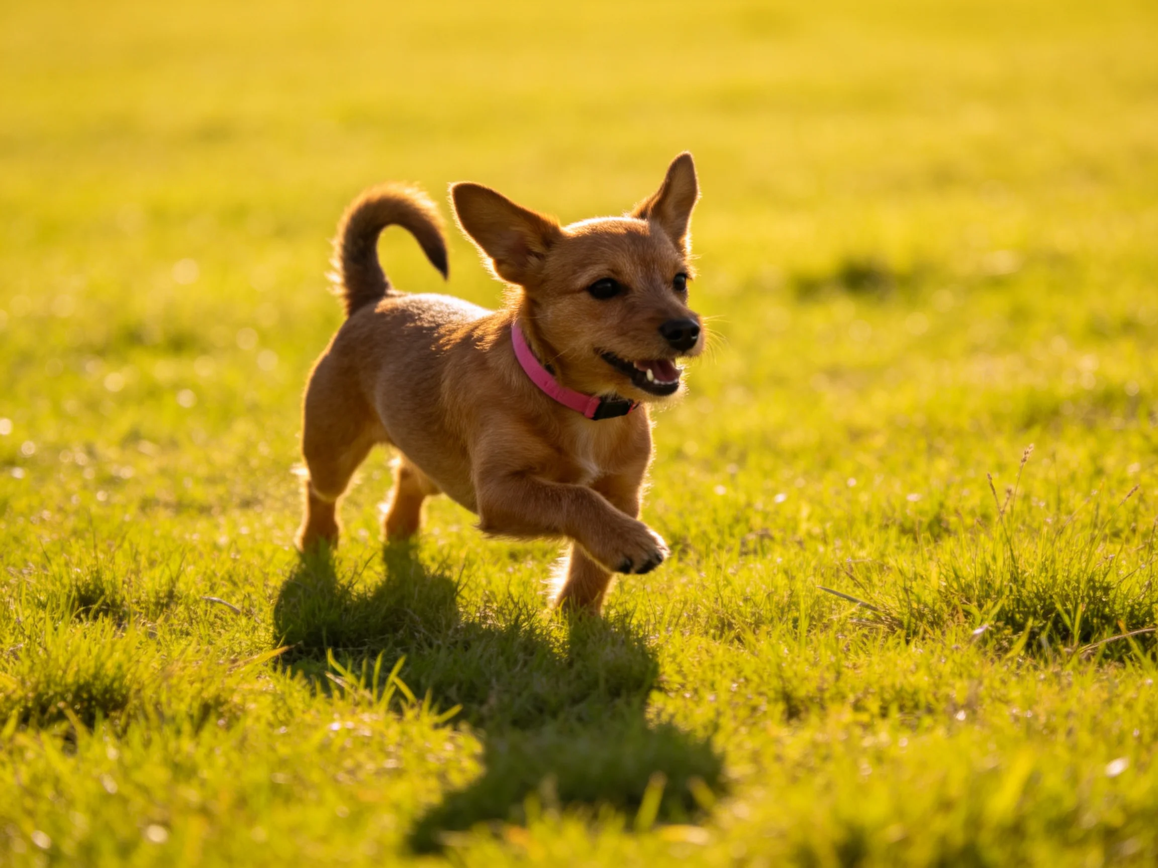 A small brown dog runs joyfully on a sunlit green field