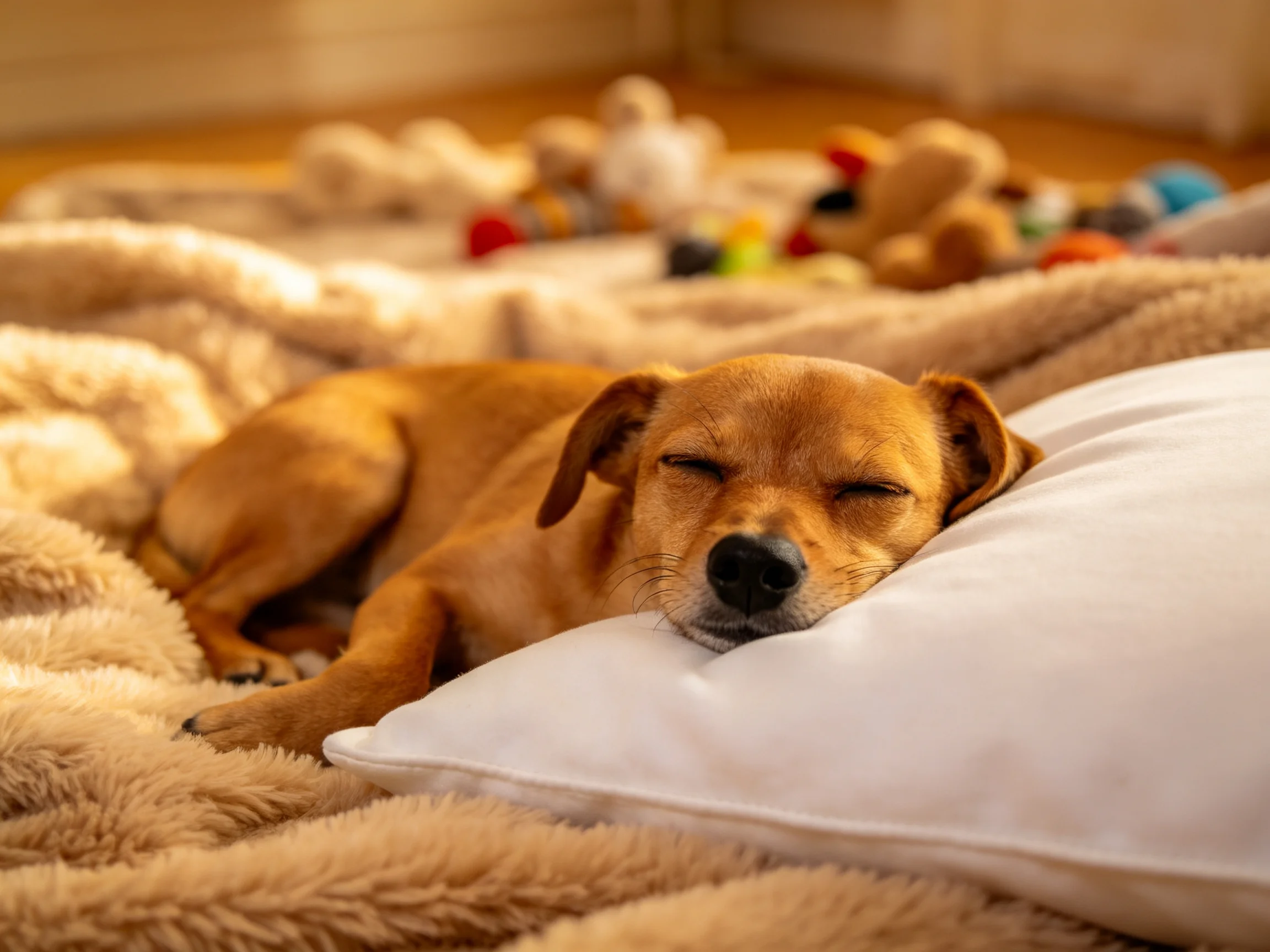 A small brown dog sleeps on a white pillow with plush blankets and toys