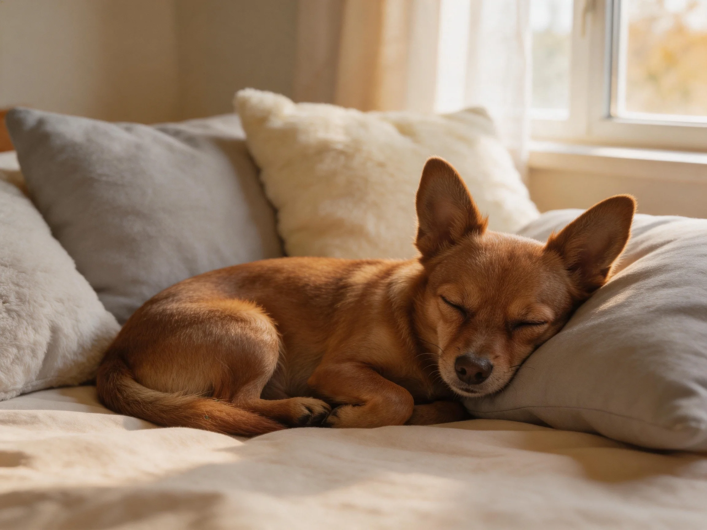 A small brown dog rests on soft pillows by a sunlit window.